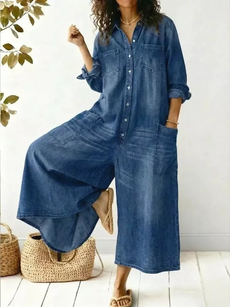 Full Size Button Front Wide Leg Jumpsuit with Chest Pockets Plus Size