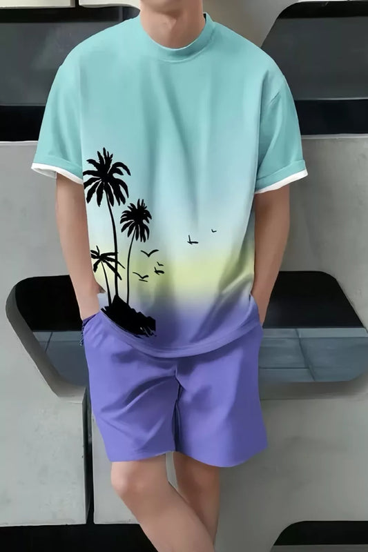 Men's Full Size Tropical Print Casual Tee and Shorts Set Plus Size