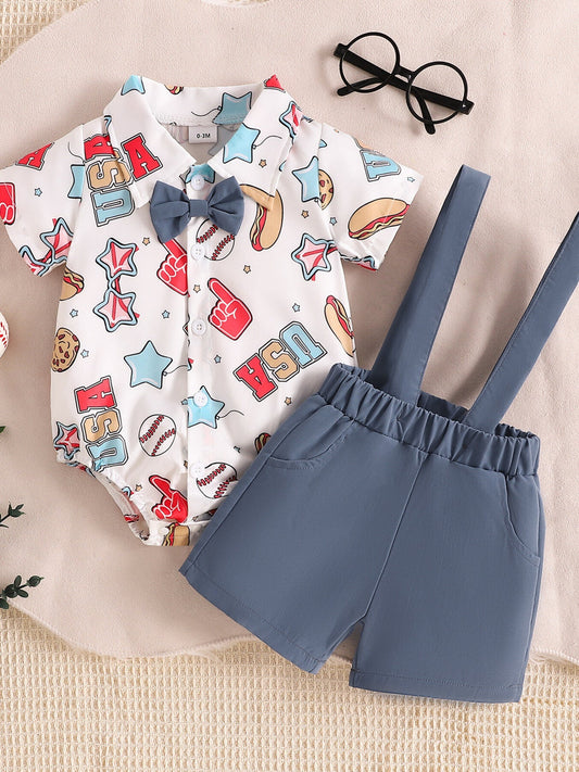 Children's USA Print Bow Decor Bodysuit and Suspender Shorts Set