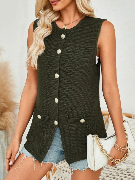 Button Down Round Neck Knit Vest