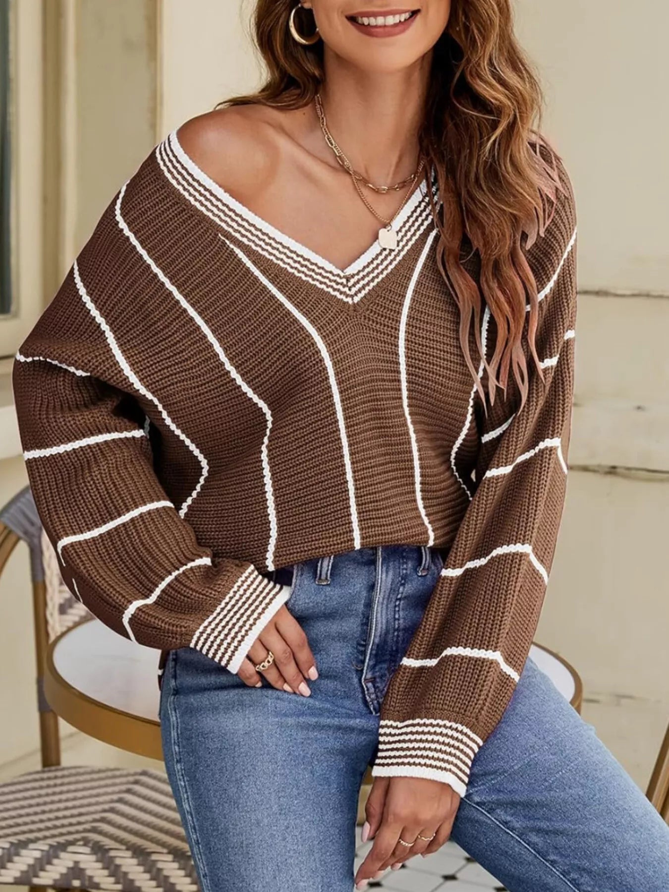 V-Neck Striped Contrast Sweater