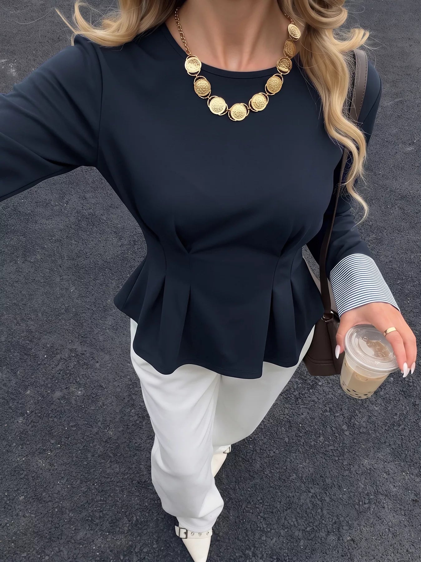 Round Neck Peplum Top with Striped Cuffs