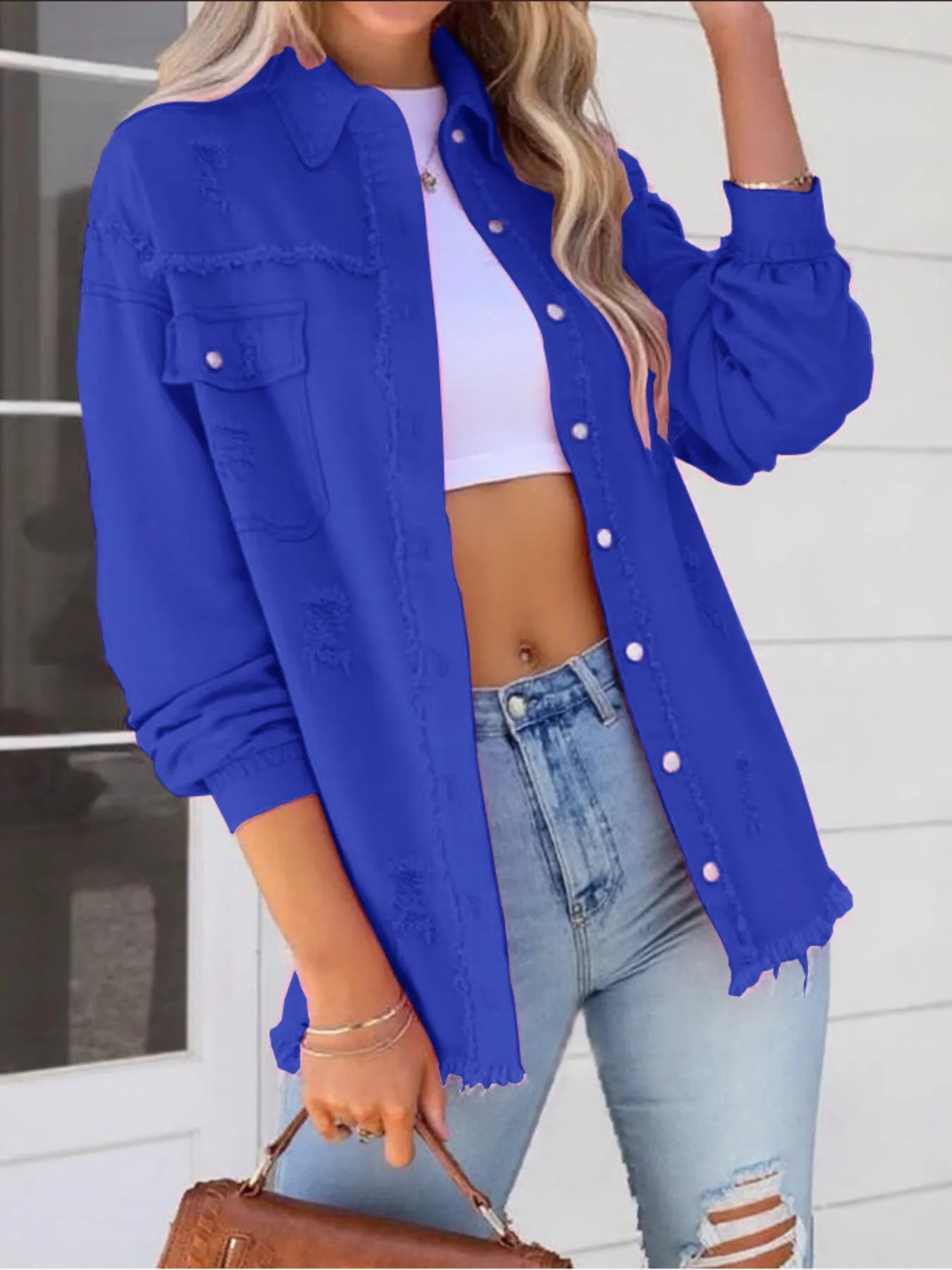 Distressed Denim Jacket with Frayed Edges