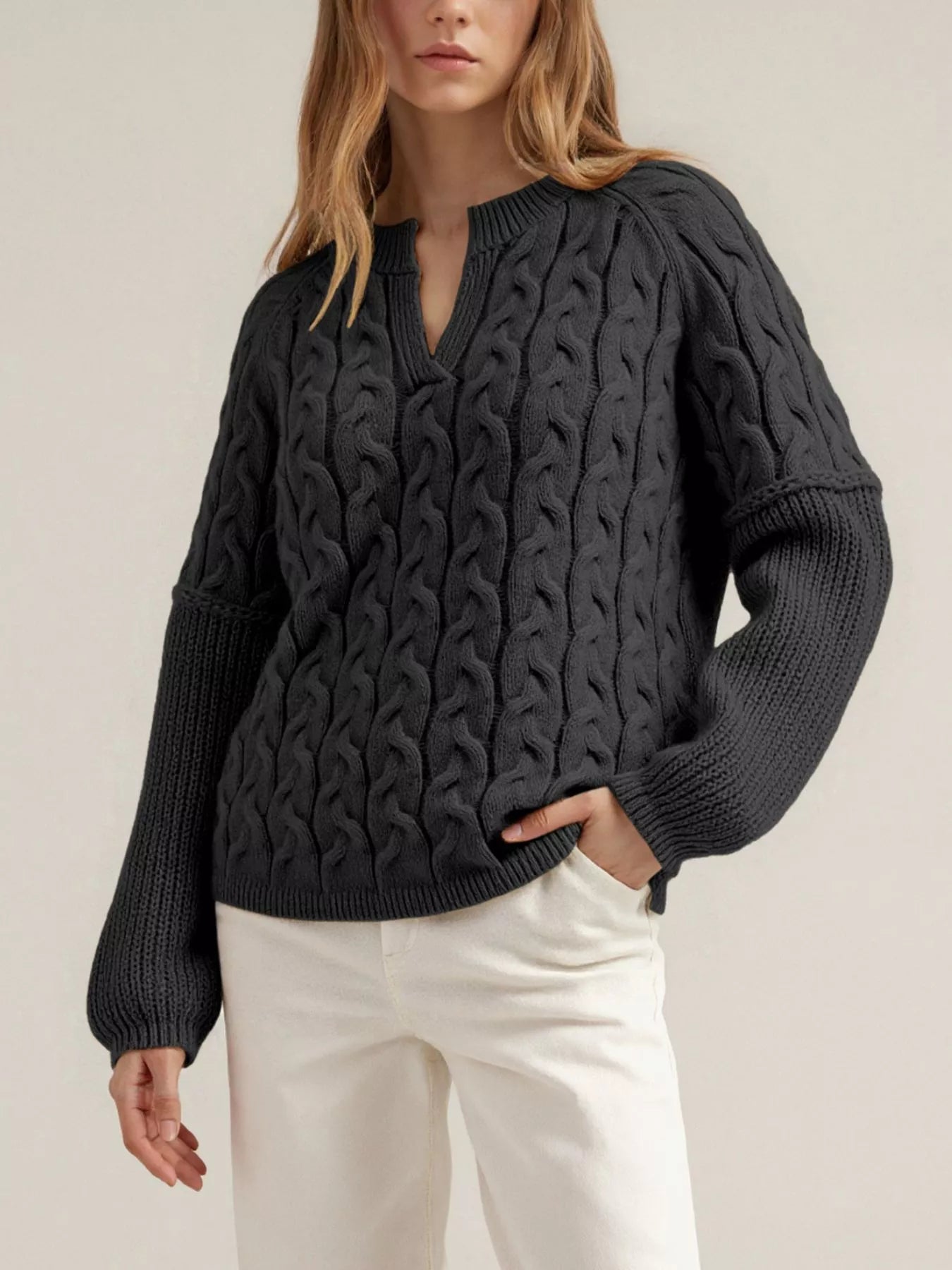 Cable-Knit Dropped Shoulder Sweater