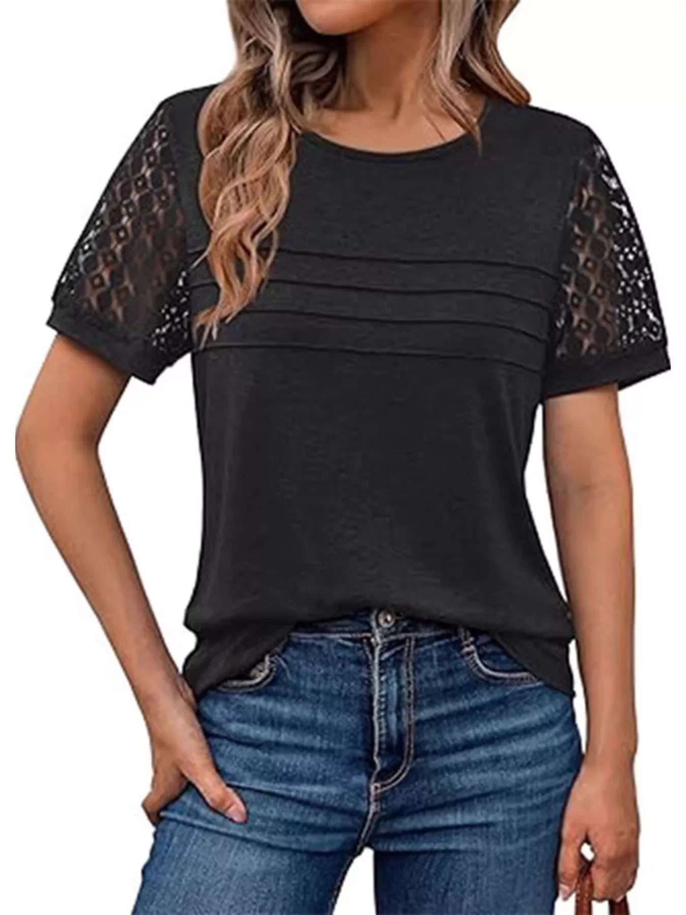 Lace Short Sleeve Round Neck T-Shirt