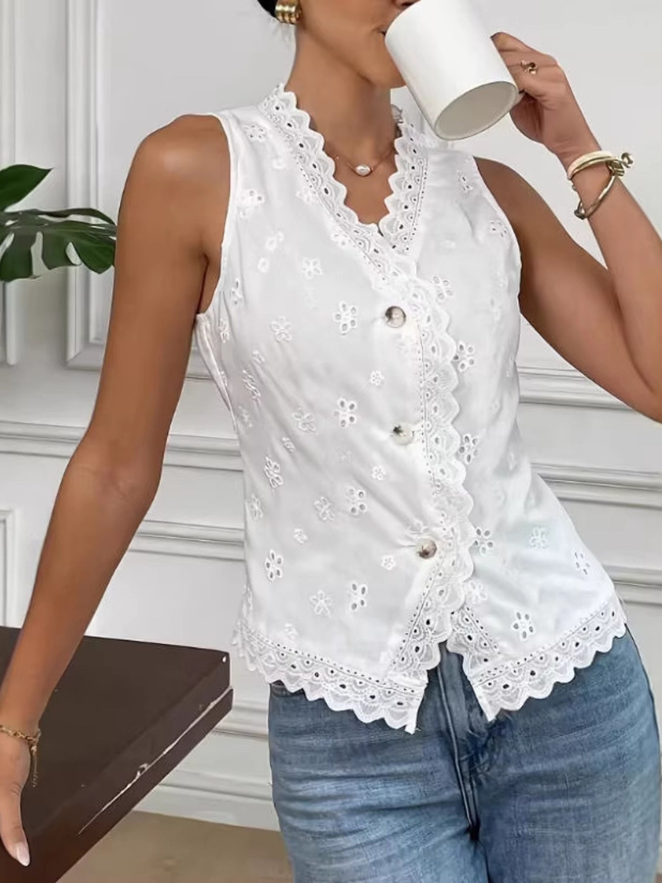 Eyelet Embroidered Button-Front Tank