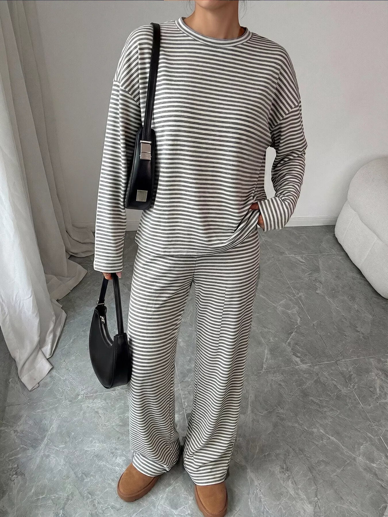 Striped Round Neck Top and Pants Set