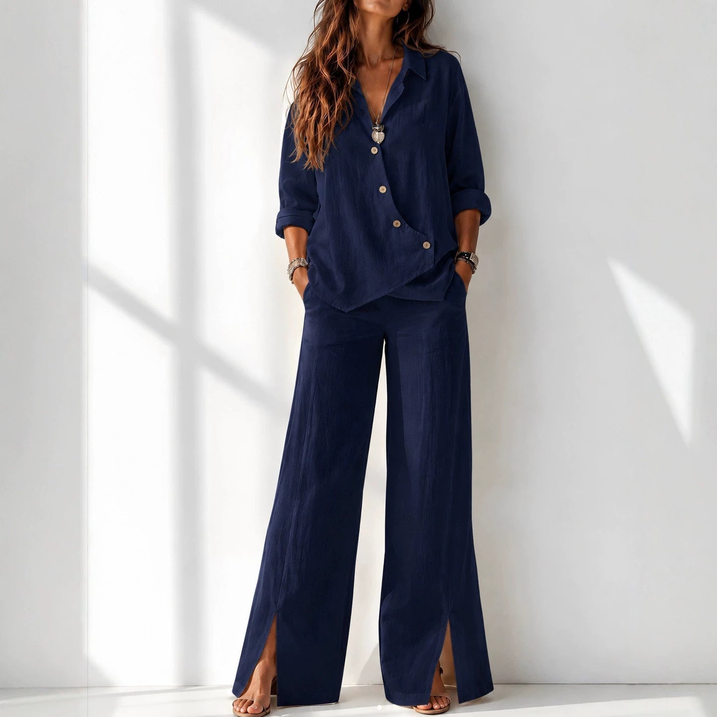 Women's Asymmetrical Long-Sleeve Top & Wide-Leg Pants Set