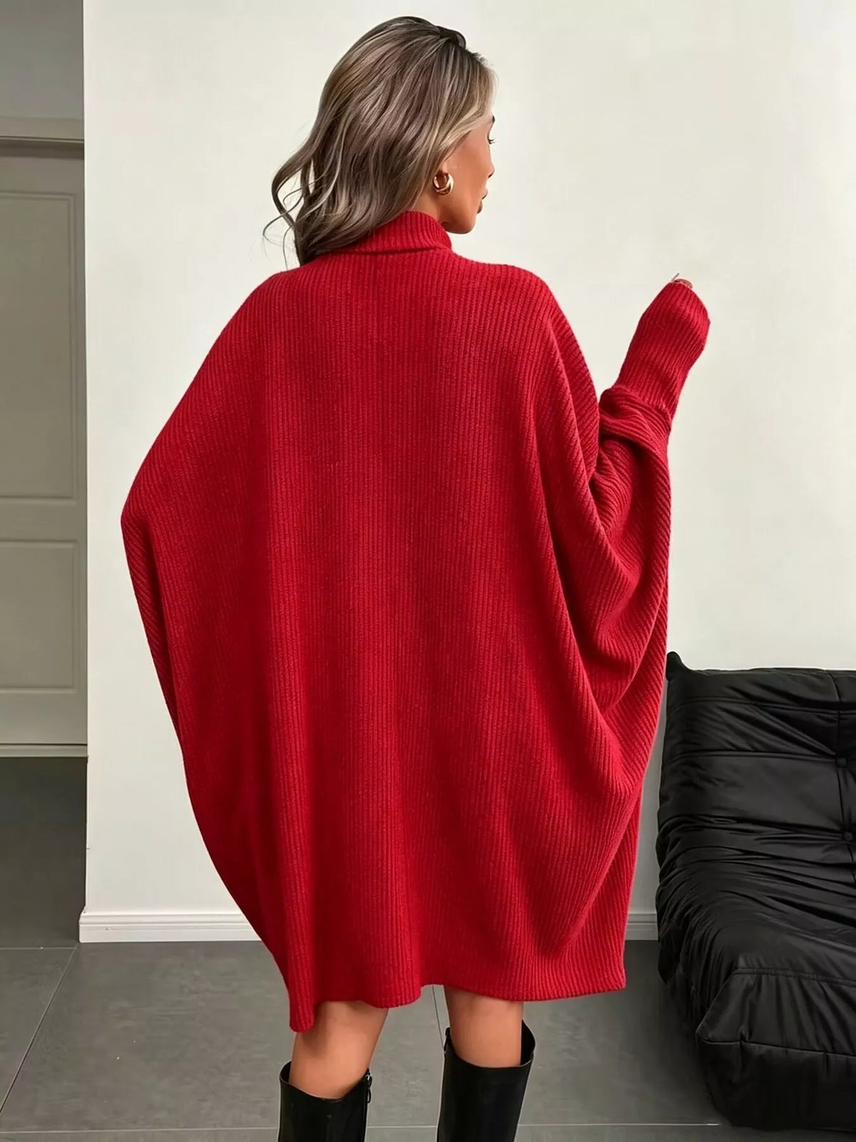 Oversized Batwing Sleeve Ribbed Knit Turtleneck Dress