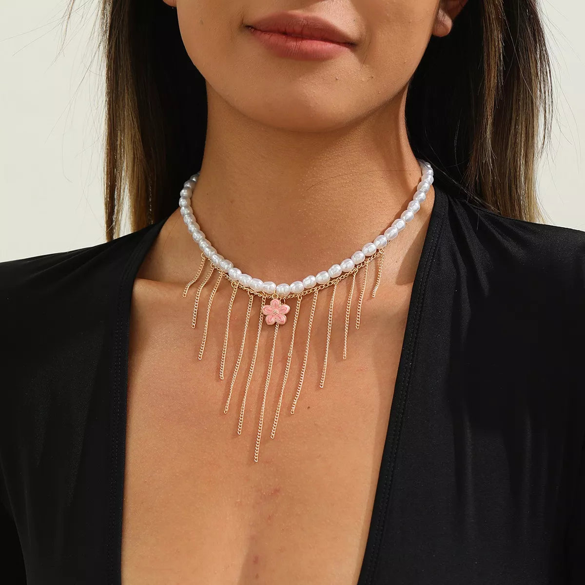 Elegant Pearl Choker Necklace with Flower Charm and Tassel Dangles