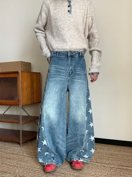Men's Full Size Star Print Wide Leg Jeans Plus Size