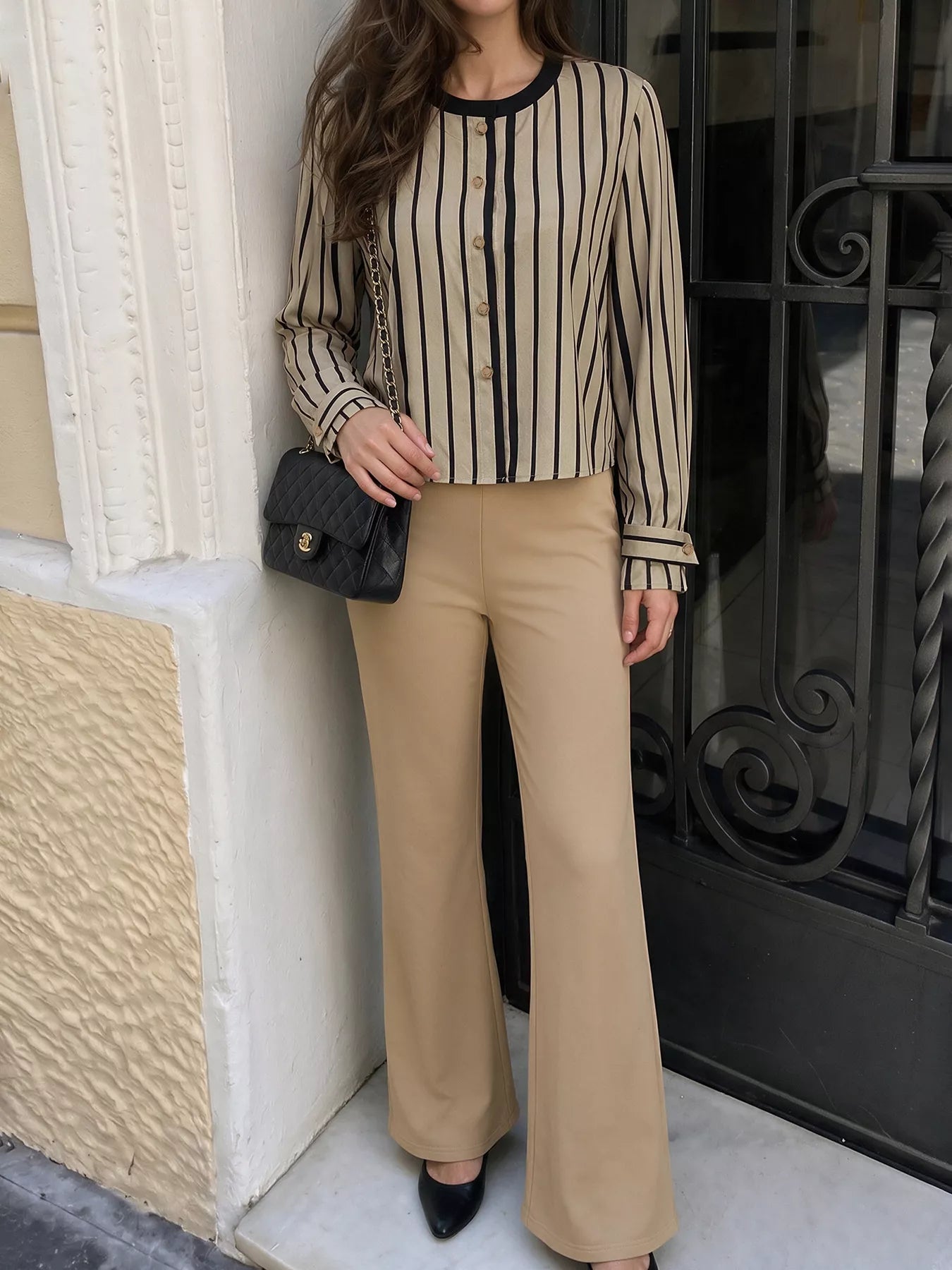 Striped Button-Down Shirt and High-Waisted Flare Pants Set