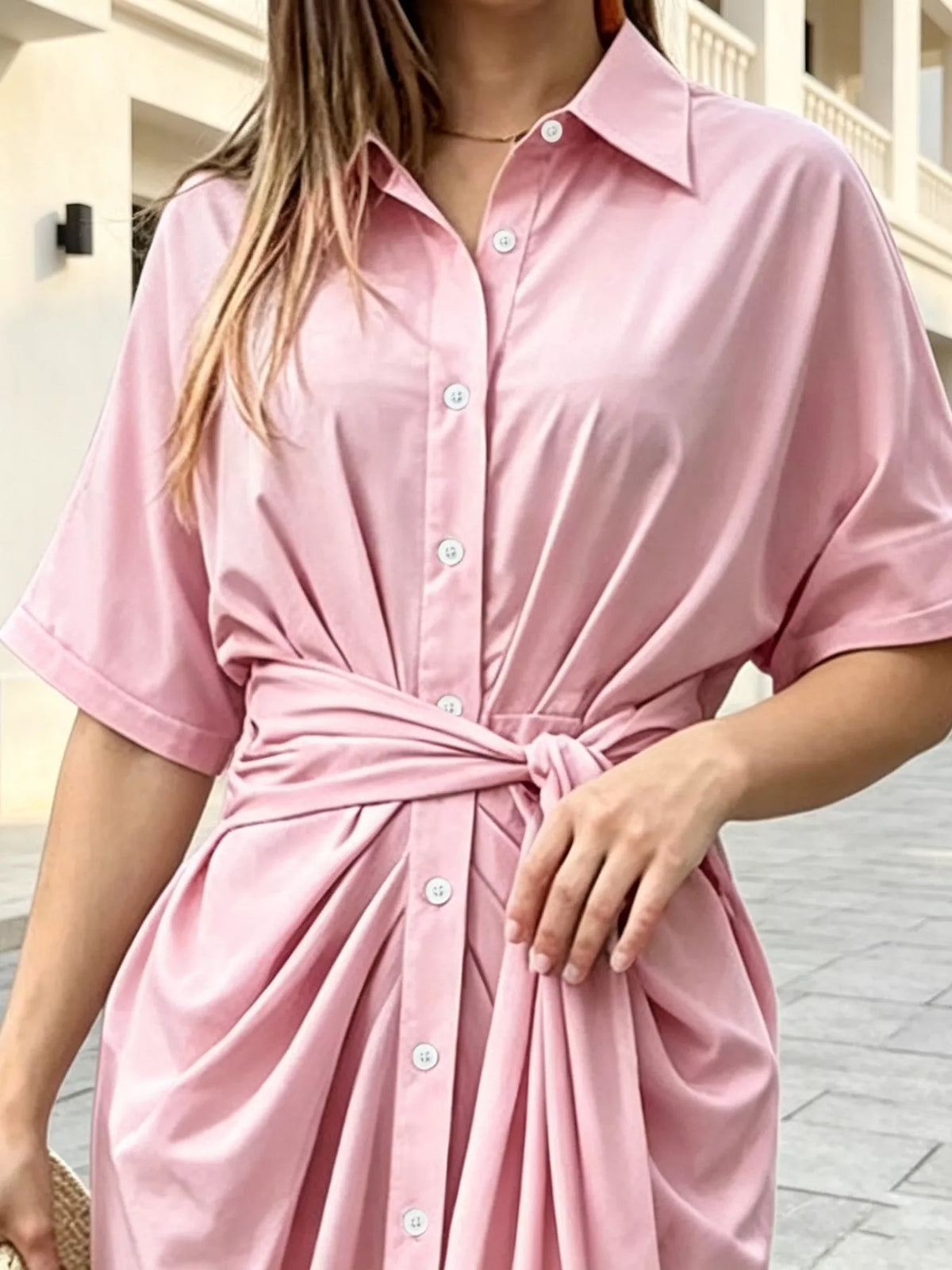 Button-Down Shirt Dress with Waist-Tie Detail