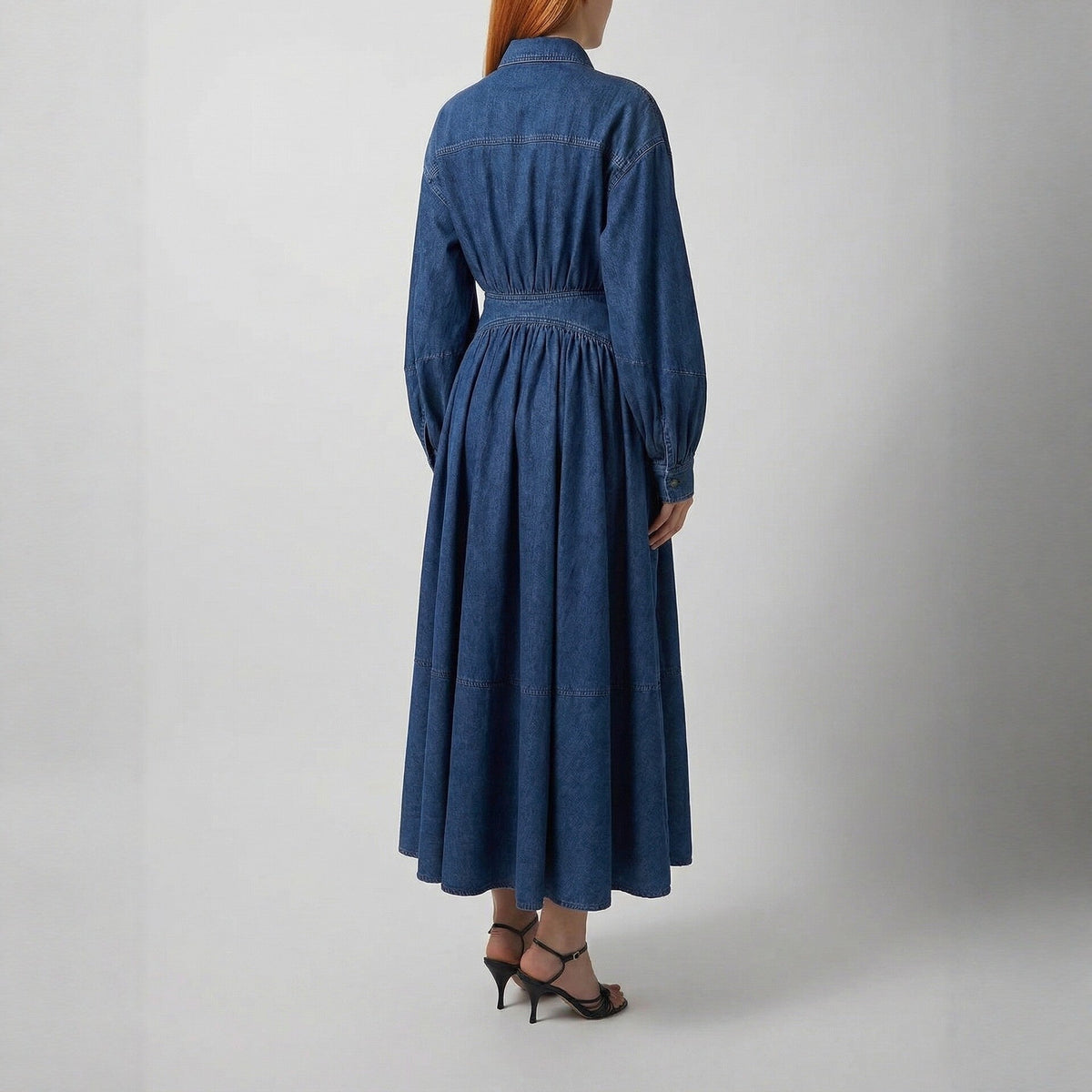 Women's Denim Puff Sleeve Shirt Dress with Belt