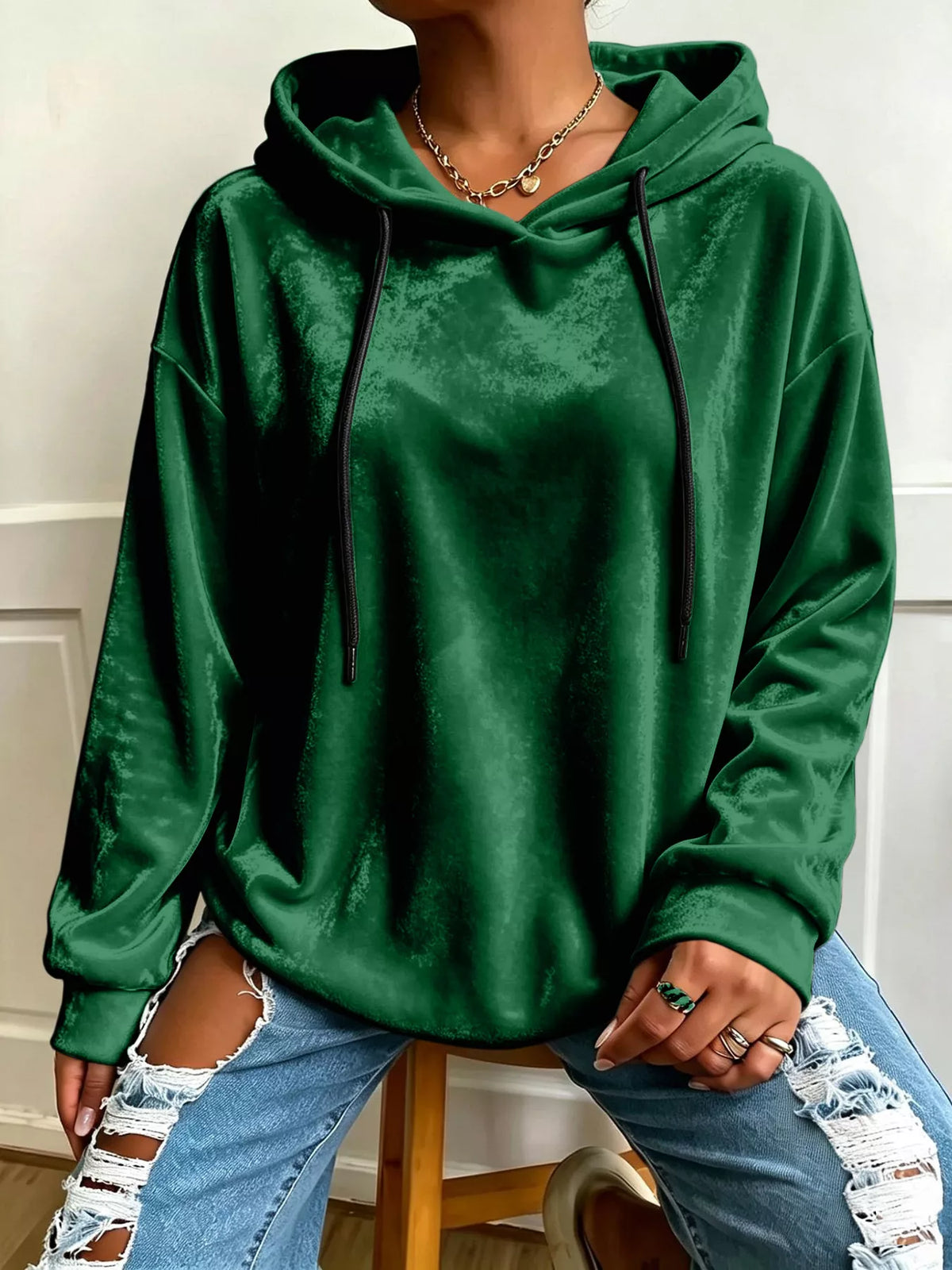 Plus Size Velvet Drawstring Dropped Shoulder Hoodie