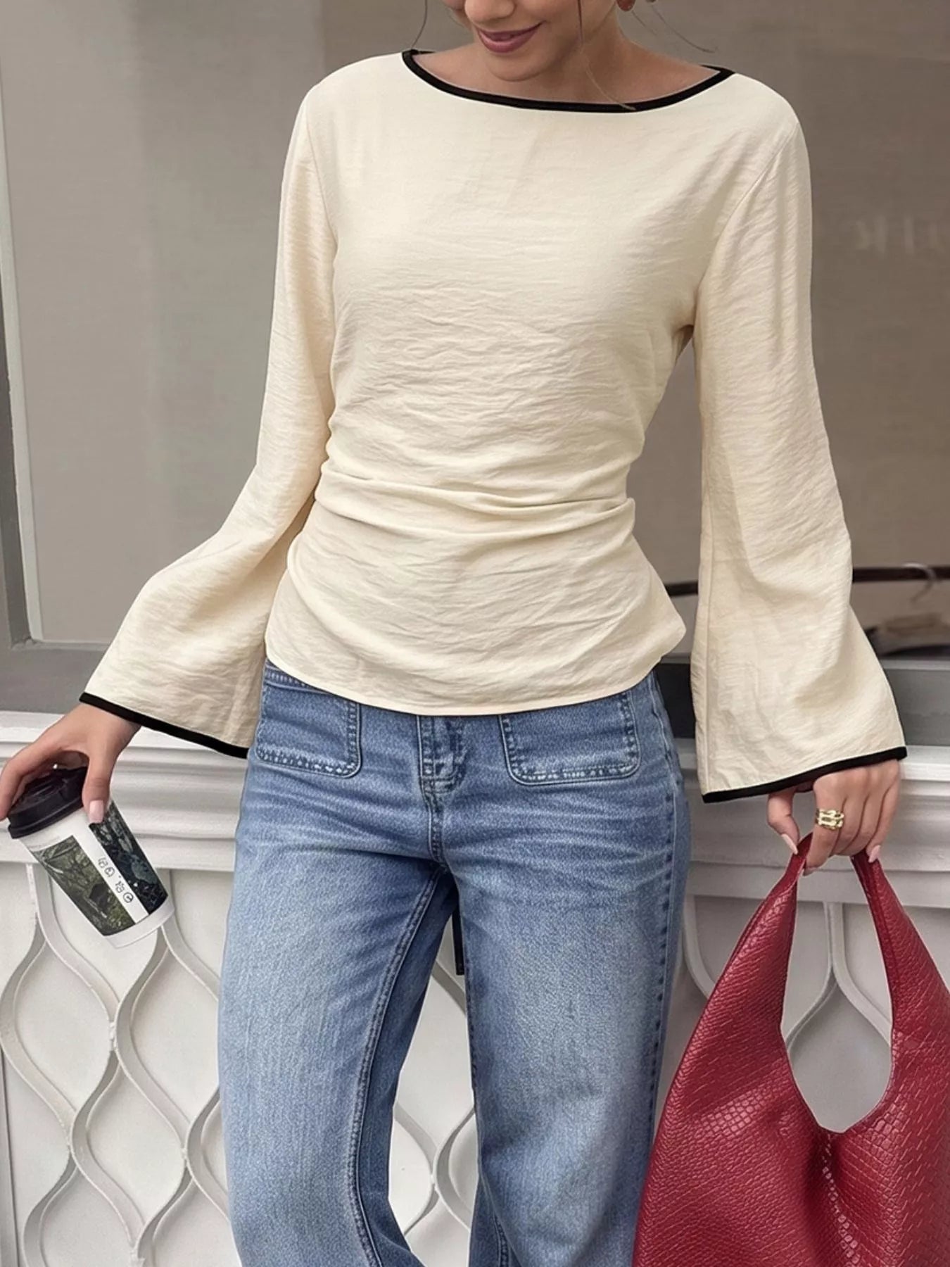 Contrast Trim Flare Sleeve Blouse