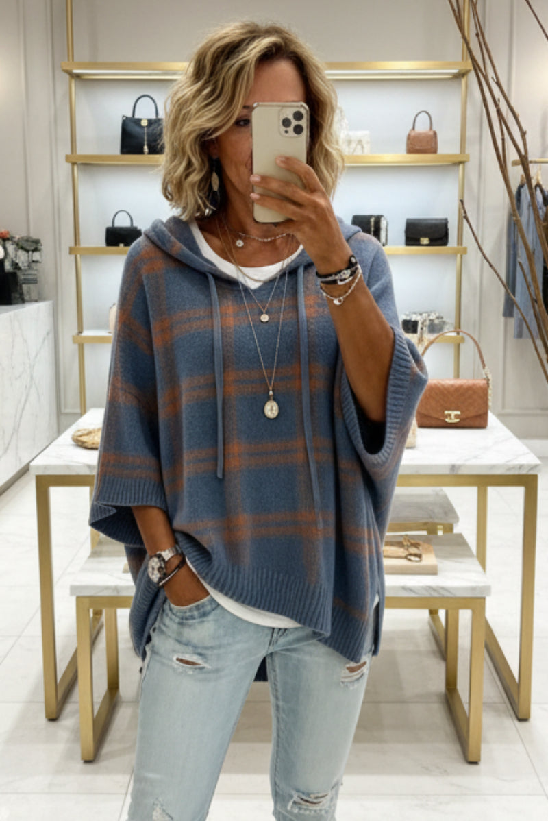 Plaid Knit Hooded Batwing Sweater