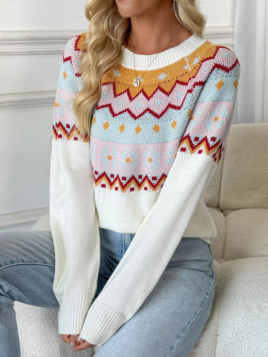 Geometric Round Neck Long Sleeve Sweater