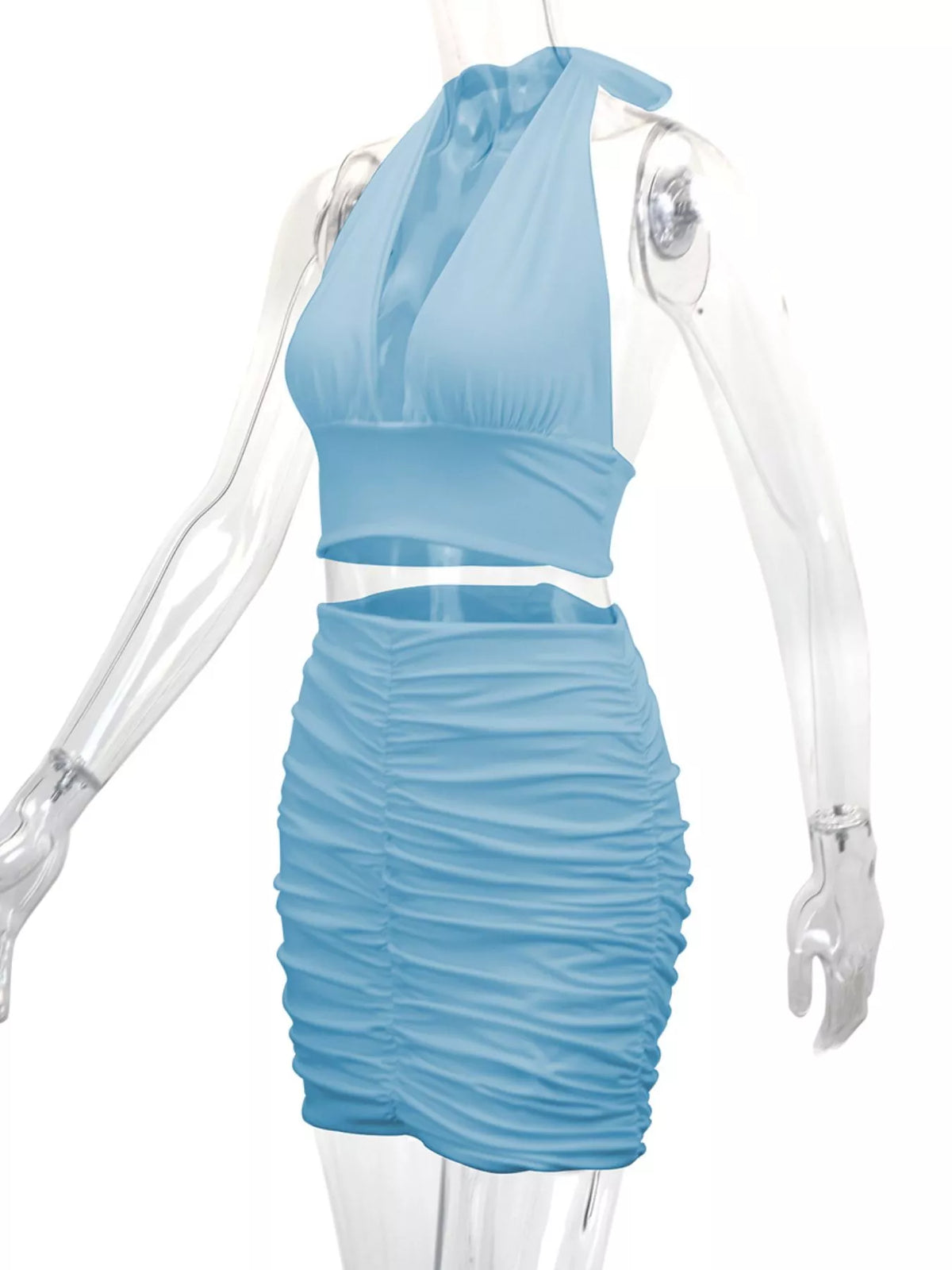 Halter Crop Top and Ruched Bodycon Mini Skirt Set