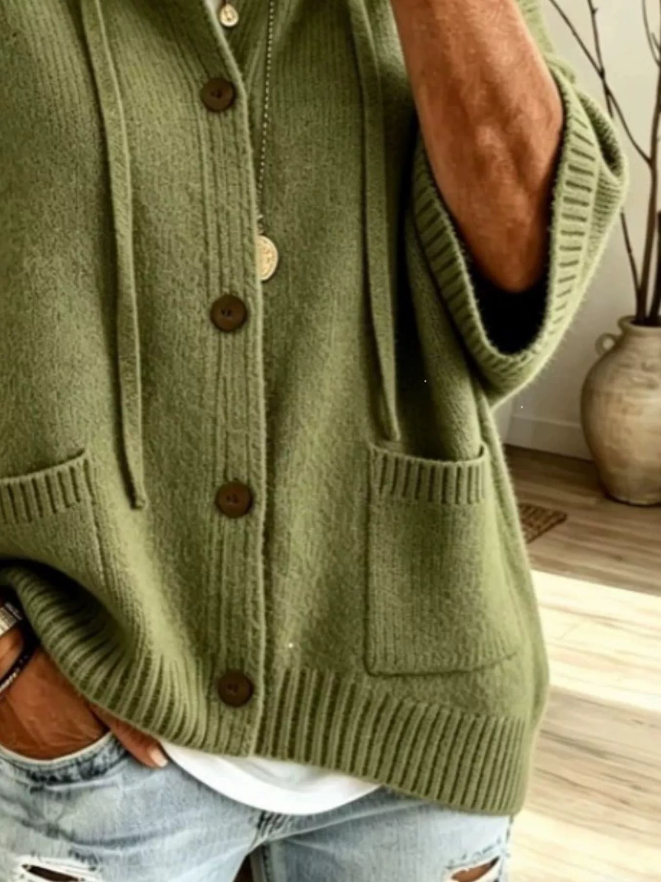 Hooded Button-Down Knit Cardigan