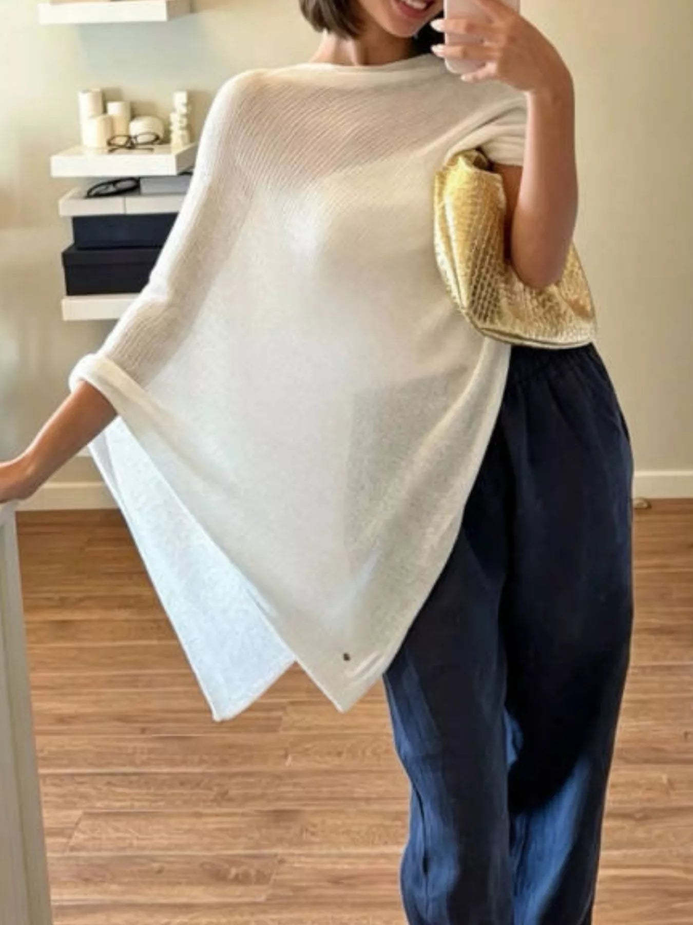 Lightweight Sheer Cropped Knit Poncho Cover-Up