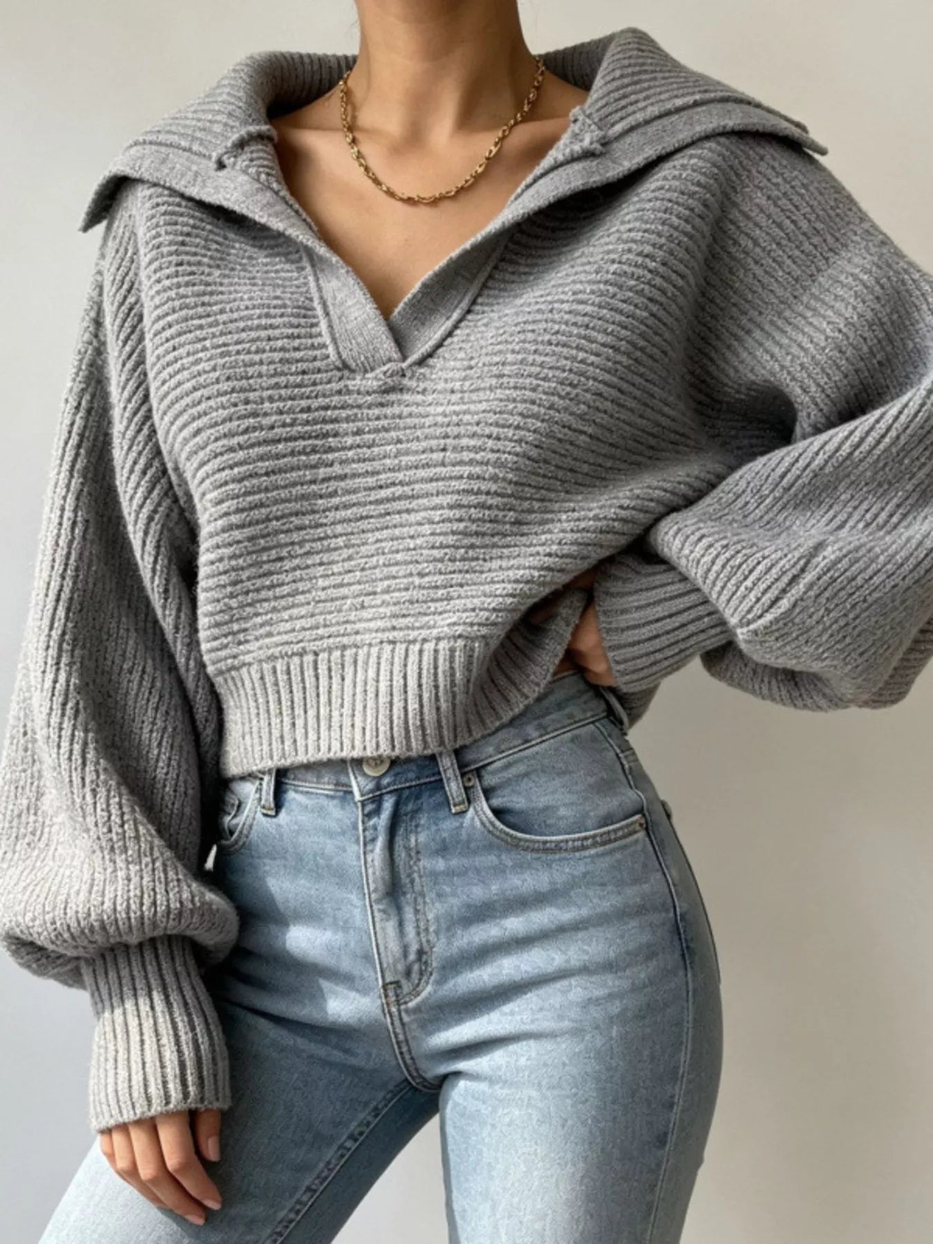 Oversized Collar Ribbed Cropped Sweater