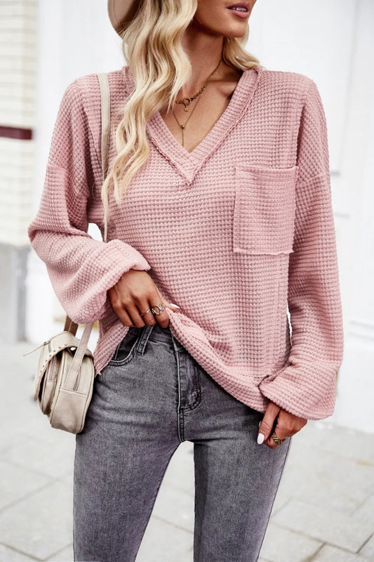 Devine Waffle-Knit V-Neck Long Sleeve Top