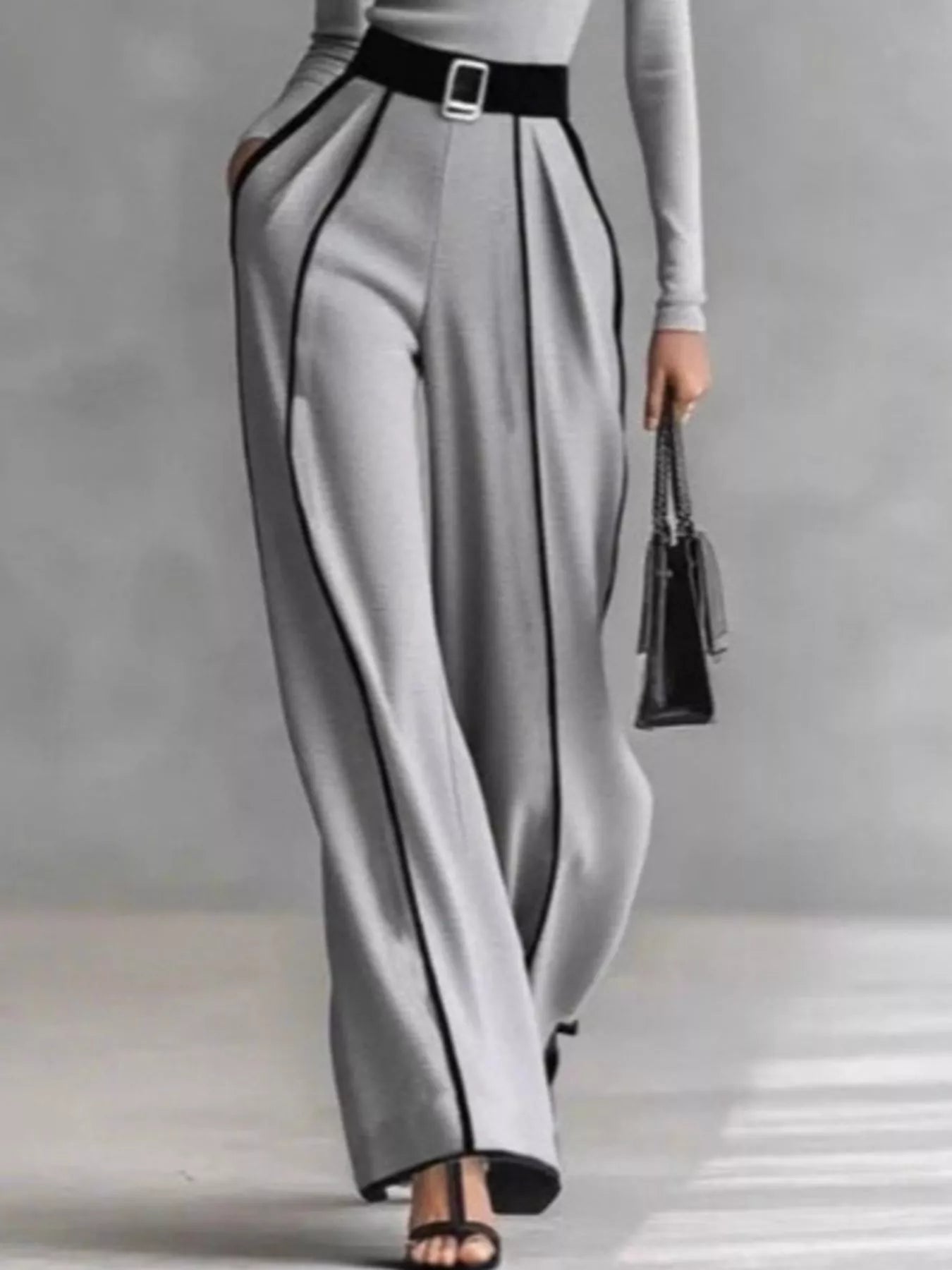 Turtleneck Long Sleeve Top and Contrast Pants Set