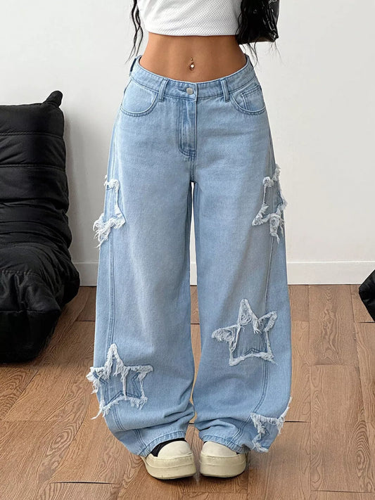 Distressed Star Patch Wide-Leg Jeans