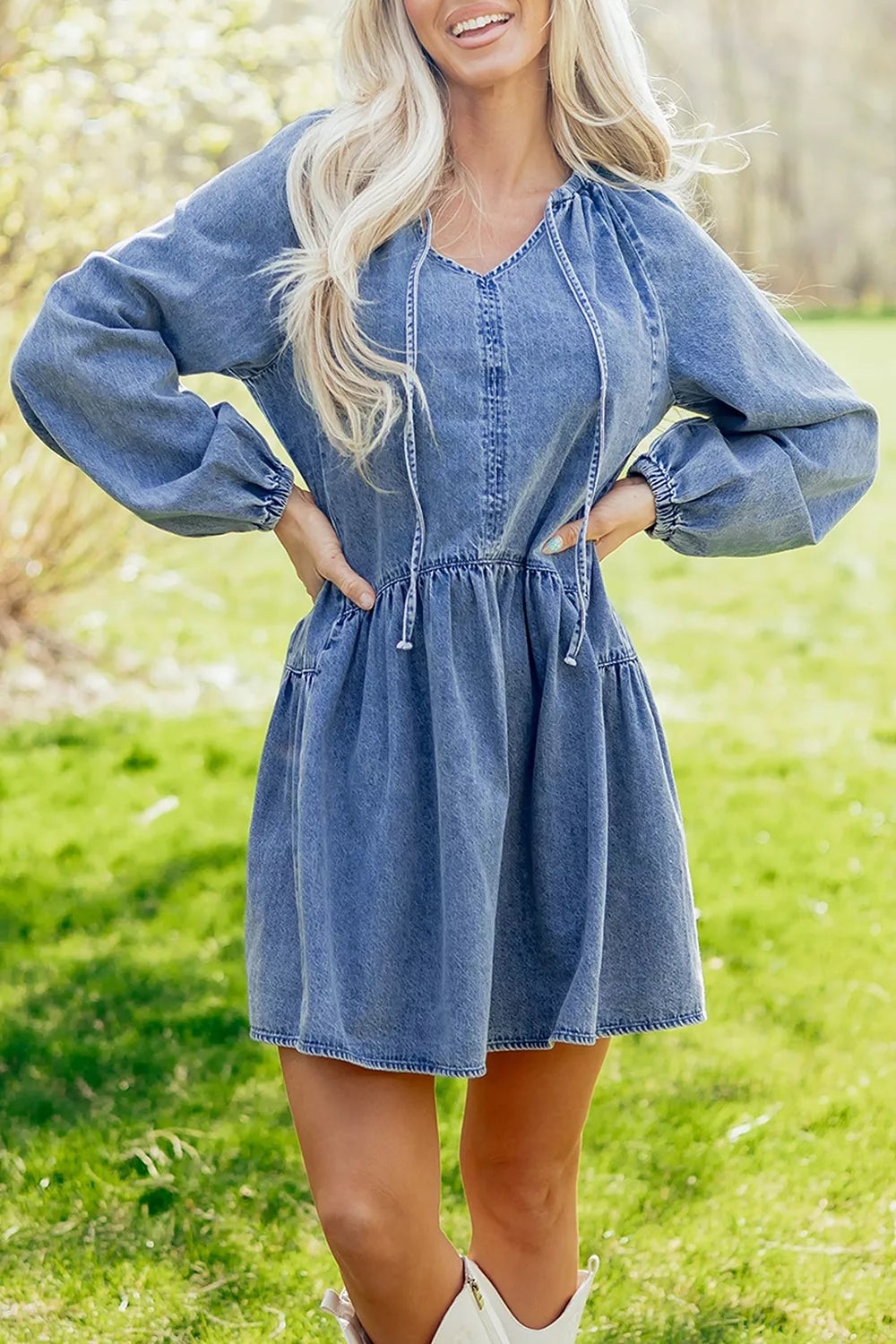 Puff Sleeve V Neck Ruffled Loose Denim Mini Dress