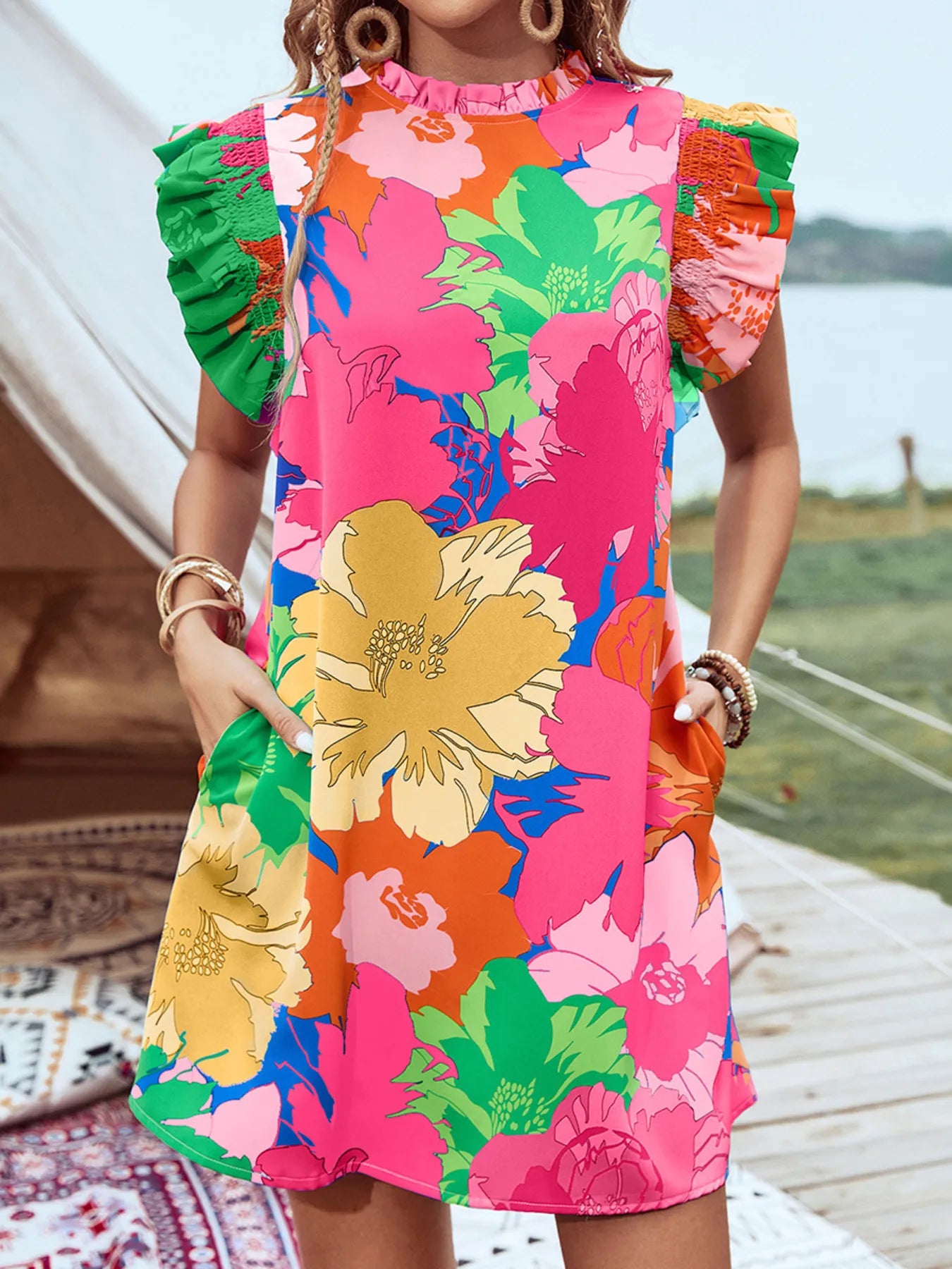 Printed Ruffled Cap Sleeve Mini Dress