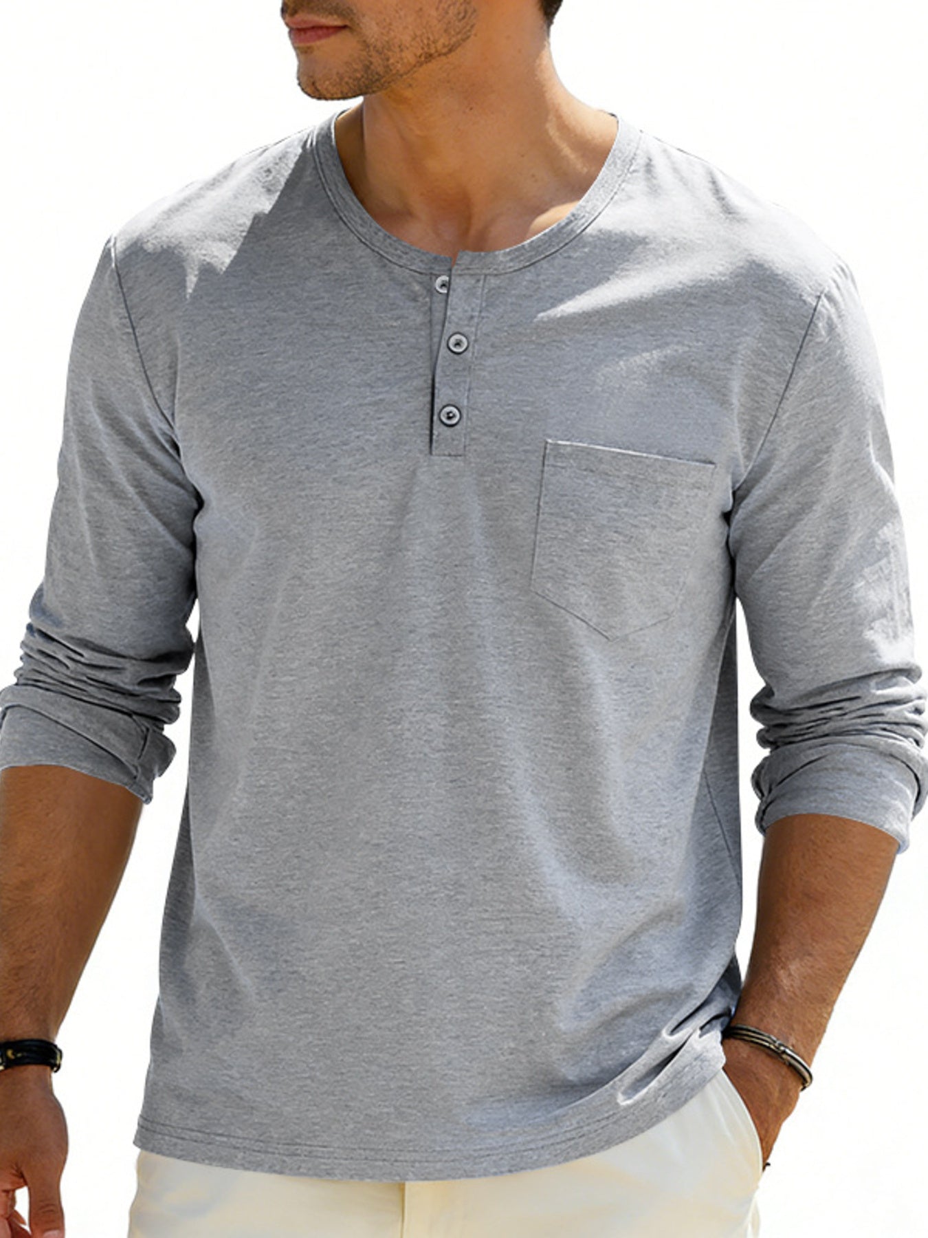 Men's Plus Size Casual Long Sleeve Henley T-Shirt with Pocket