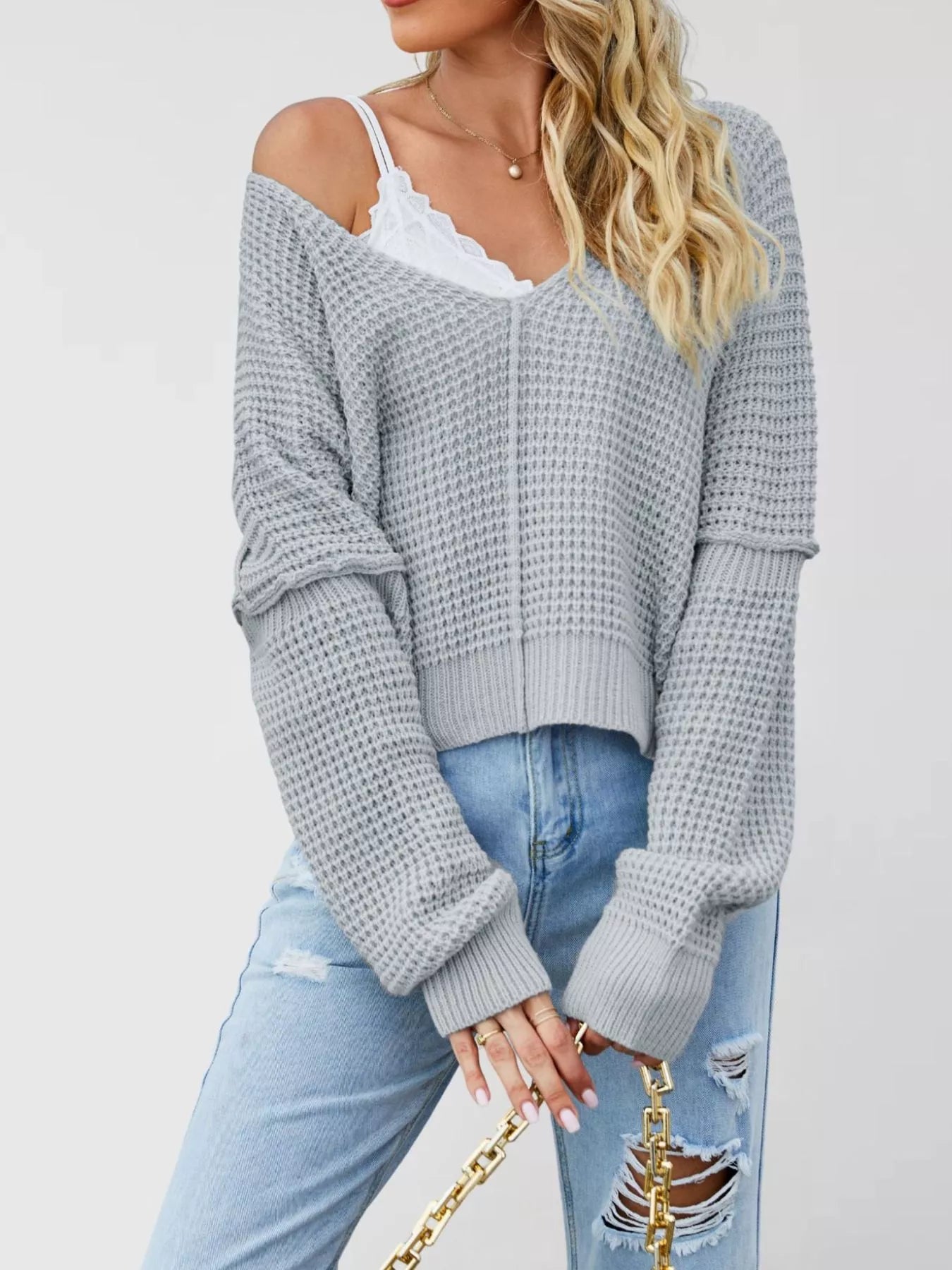 Waffle Knit Dropped Shoulder Sweater