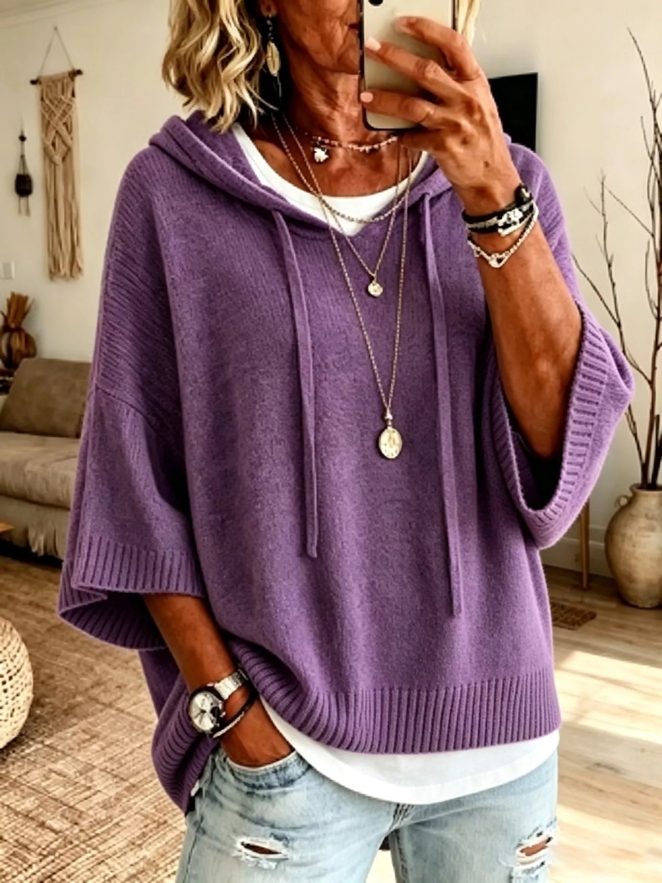 Full Size Casual Hooded Batwing Sleeve Knit Sweater Plus Size