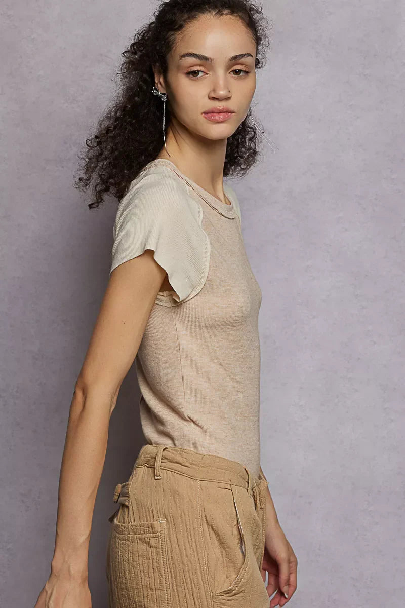 POL Outseam Detail Ribbed T-Shirt with Contrast Color Sleeves