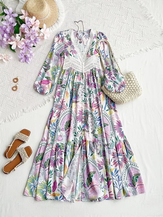 Lace Detail V-Neck Balloon Sleeve Dress