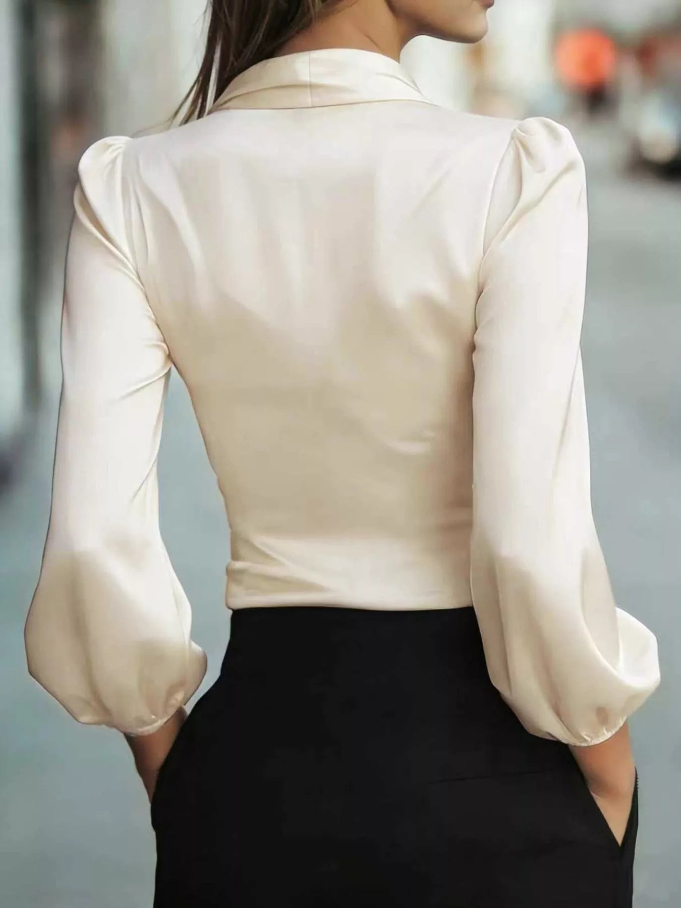 Elegant Satin Wrap Blouse with Bow Detail