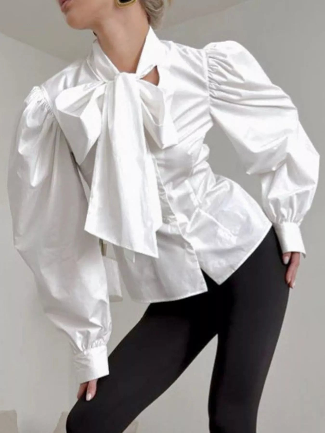 Bow Tie Puffed Sleeves Blouse