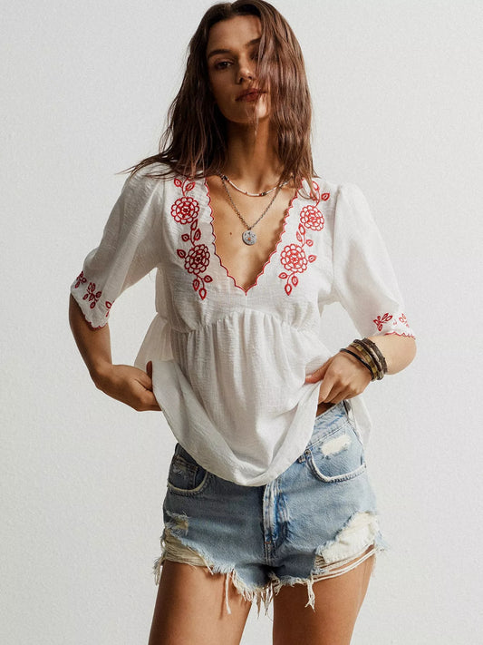 Embroidered Floral V-Neck Blouse