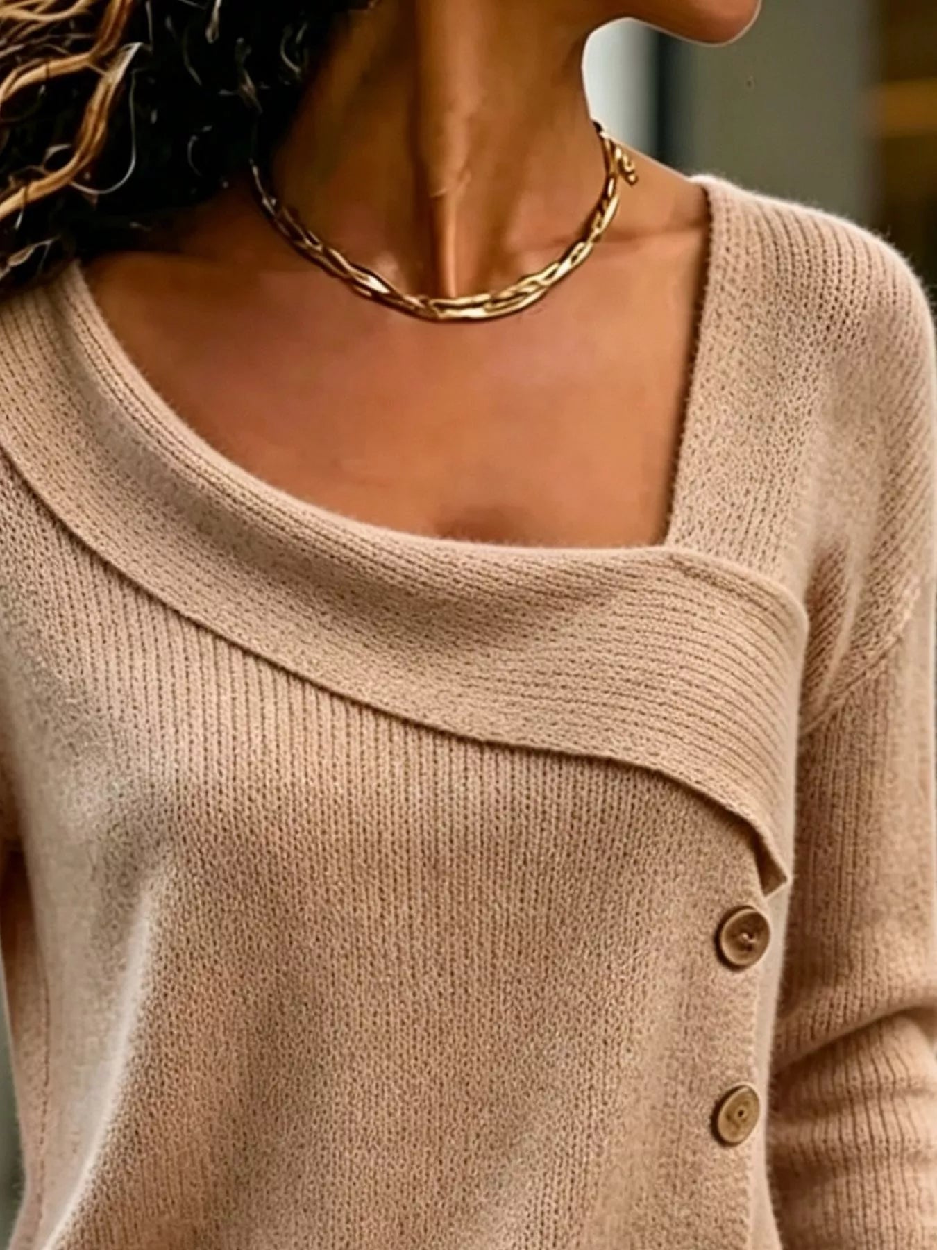 Full Size Asymmetrical Decor Button Sweater Plus Size