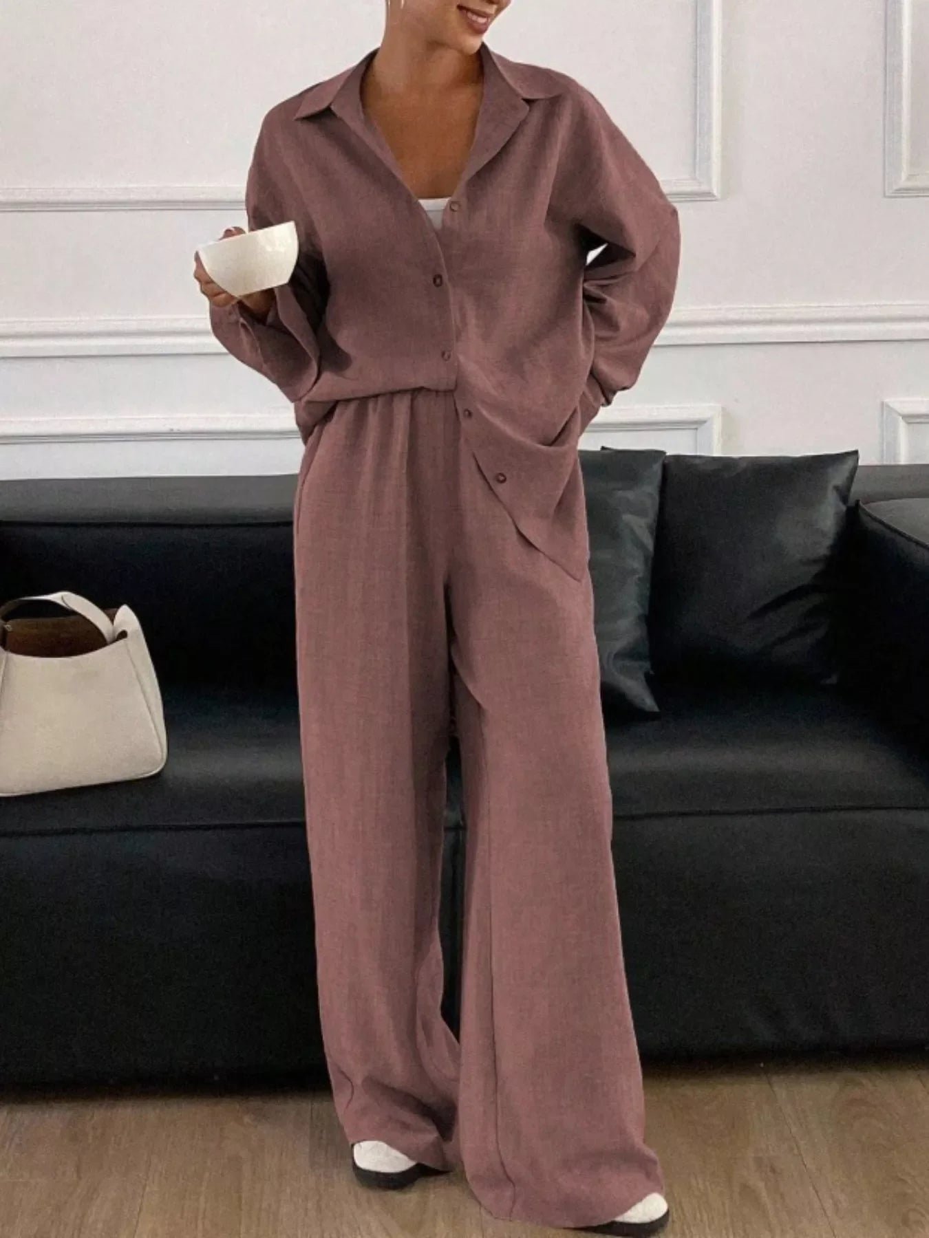Button Up Long Sleeve Shirt and Wide Leg Pants Set