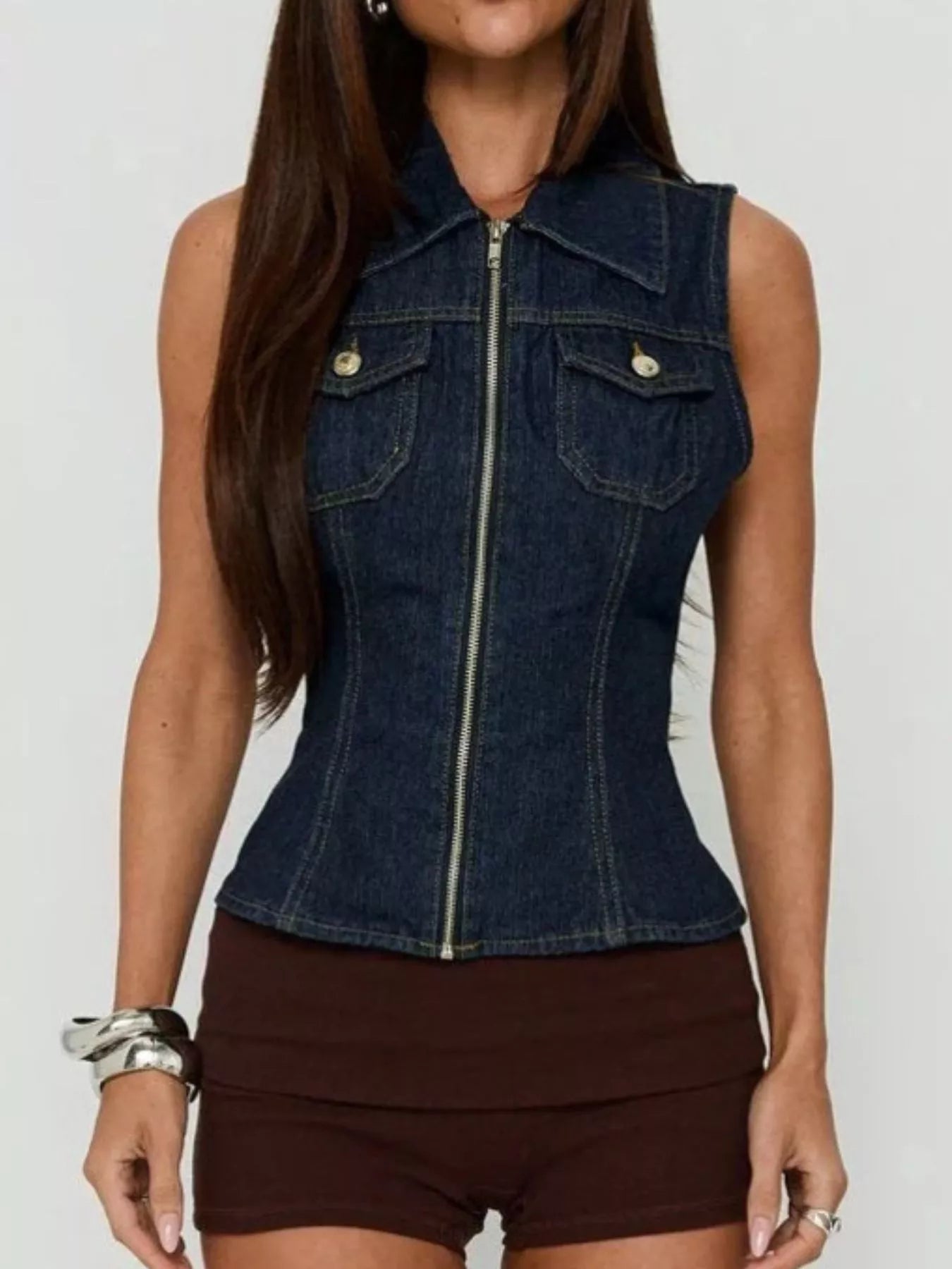 Sleeveless Zip-Up Denim Vest
