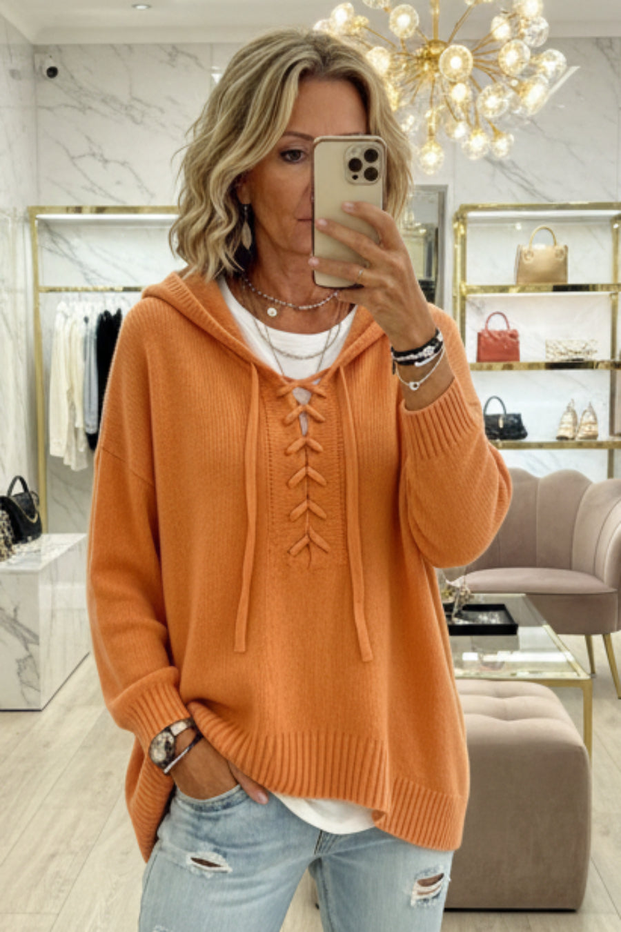 Lace-Up V-Neck Hooded Knit Sweater | Drop Shoulder Oversized Pullover
