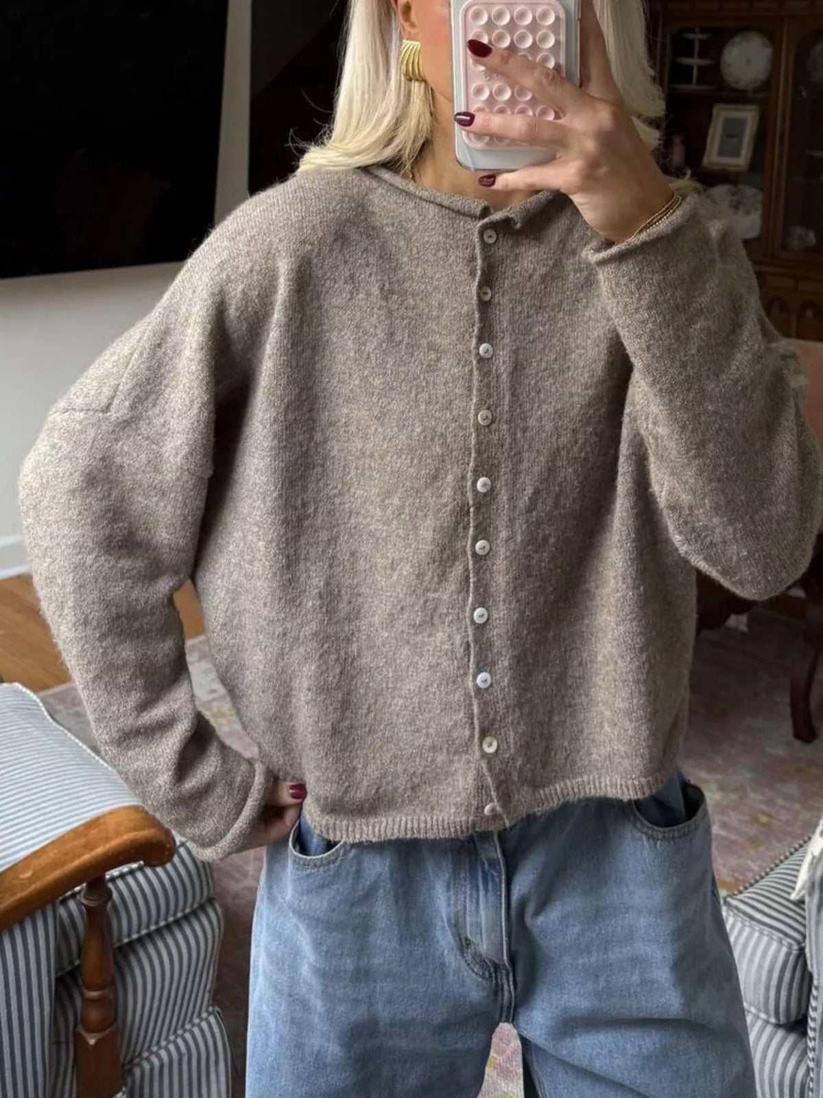 Button-Down Dropped Shoulder Cardigan