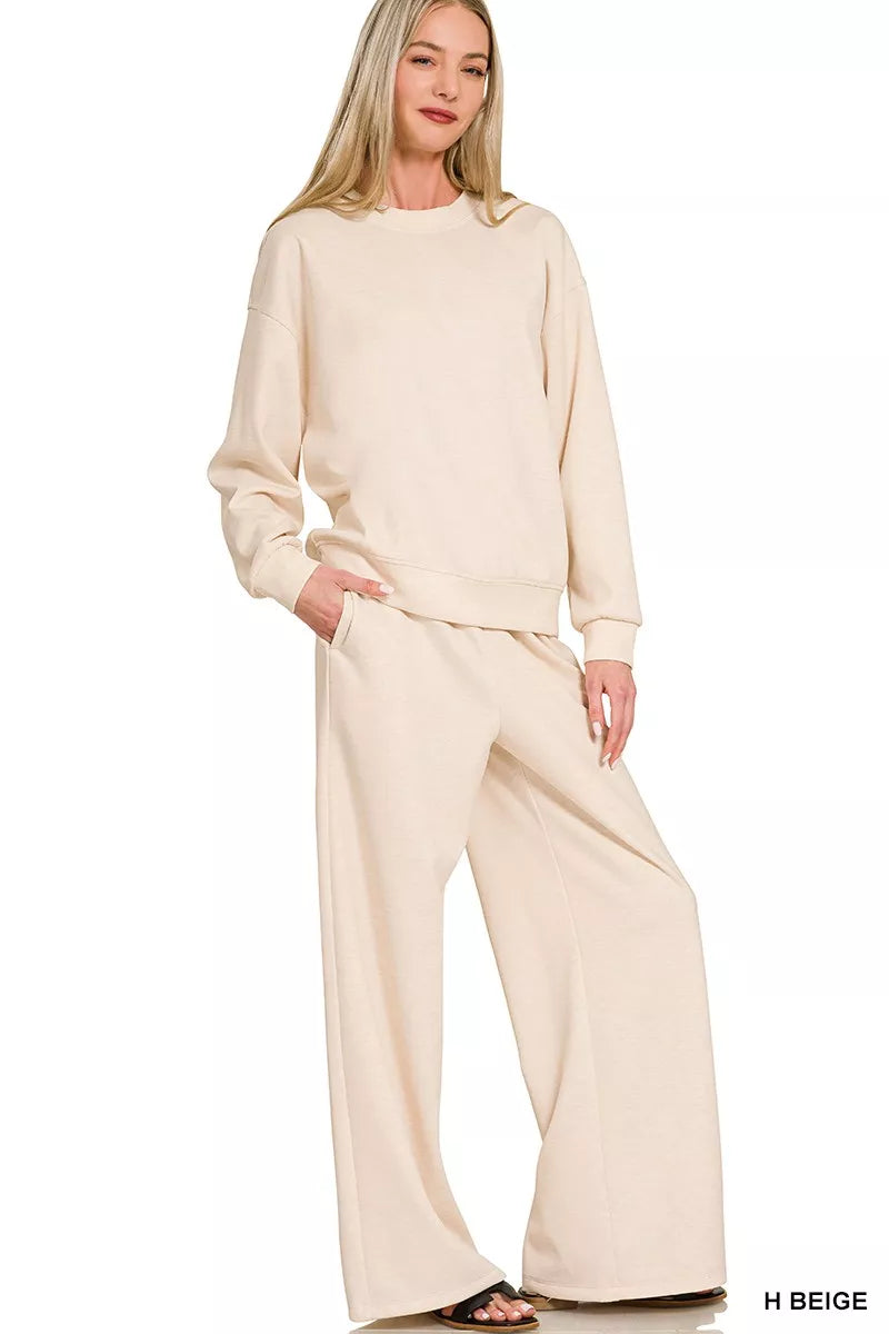 Zenana Scuba Crewneck Pullover and Pants Set