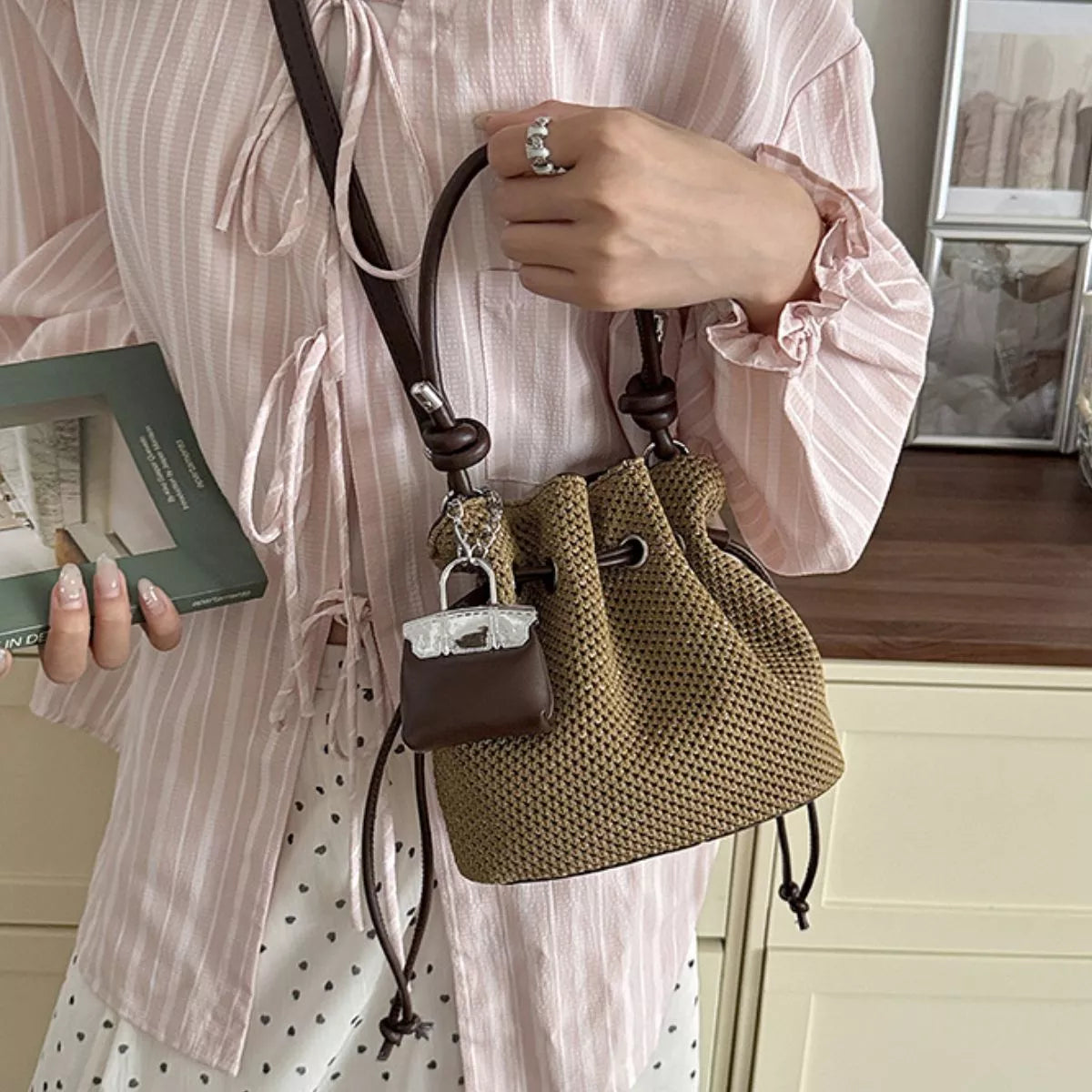 Woven Drawstring Crossbody Bag