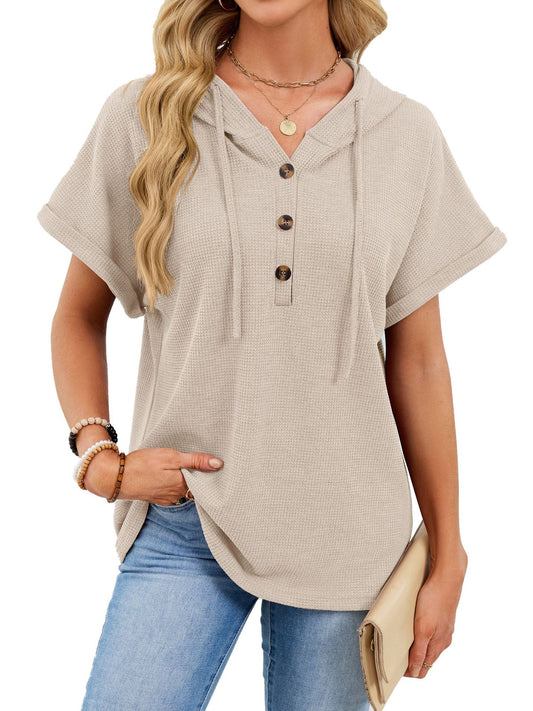 Casual Waffle Knit Button Detail Hooded Top