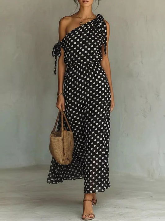 Full Size Polka Dot One-Shoulder Maxi Dress with Tie Details Plus Size