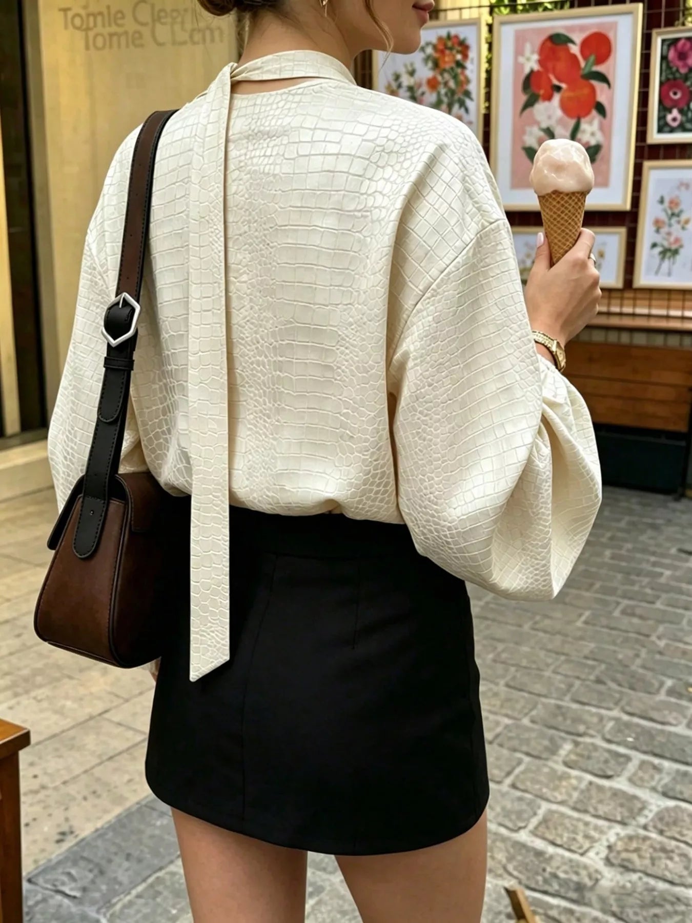 Crocodile-Embossed Surplice Balloon Sleeve Blouse