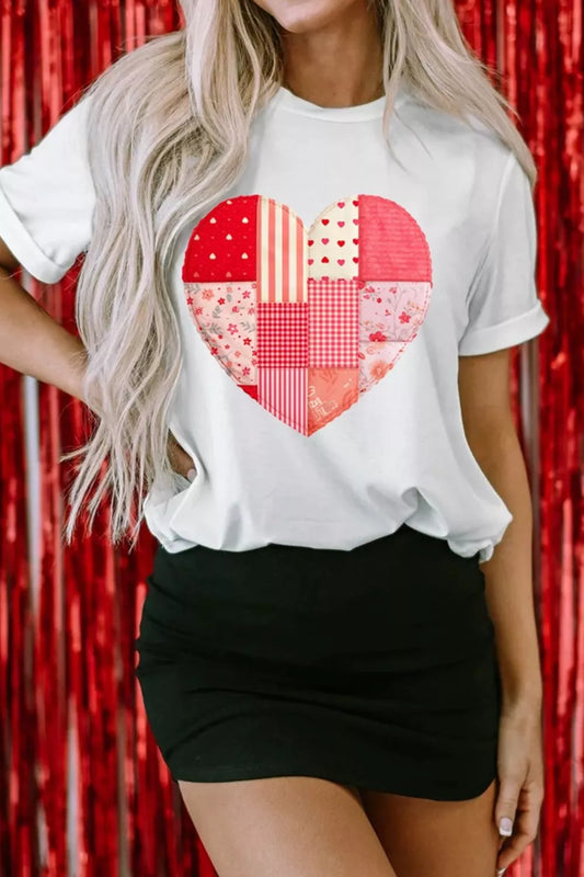 Floral Plaid Mixed Patchwork Heart-shape Graphic T Shirt